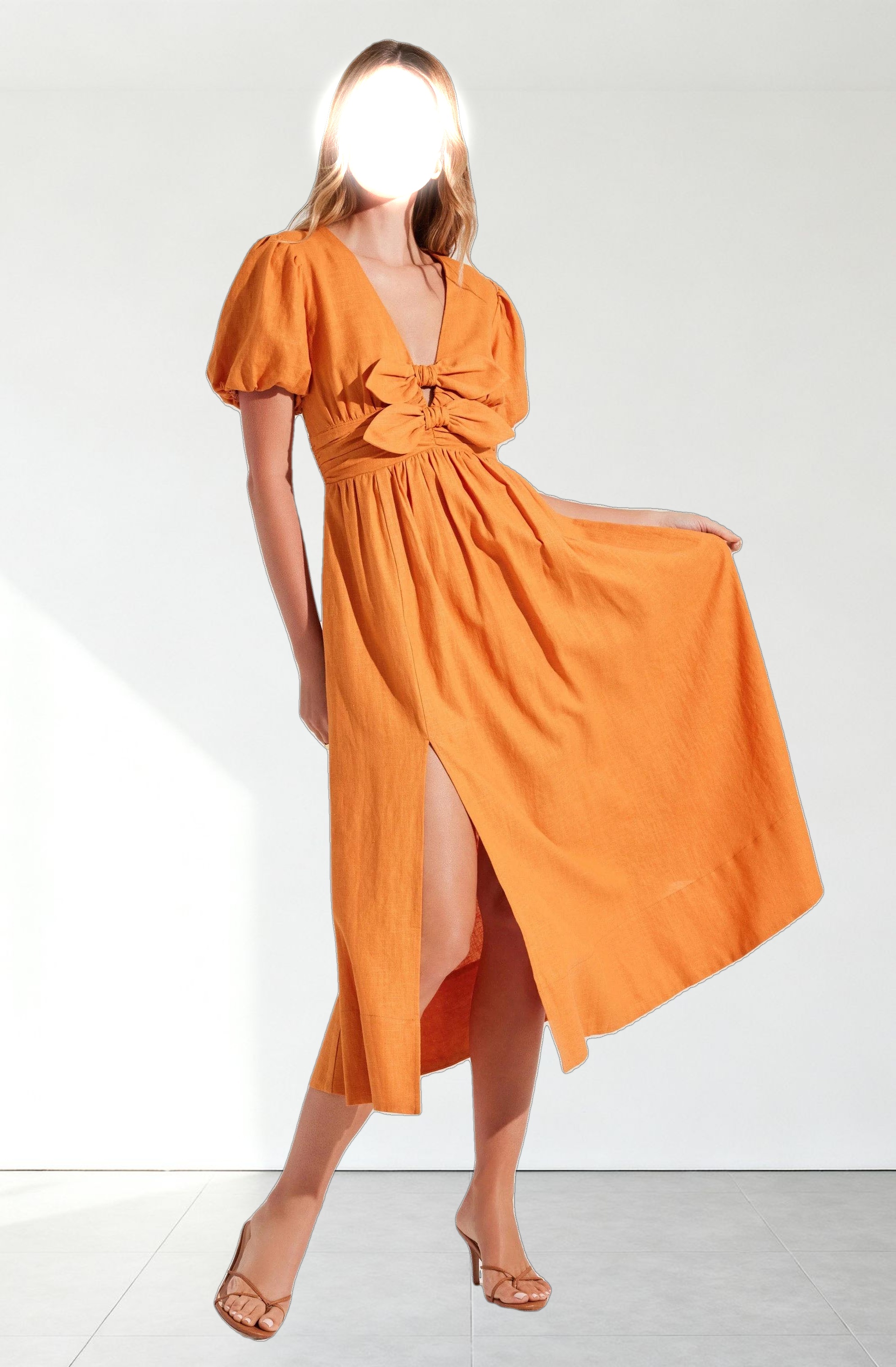 Citrine Linen Bow Front Midi Dress