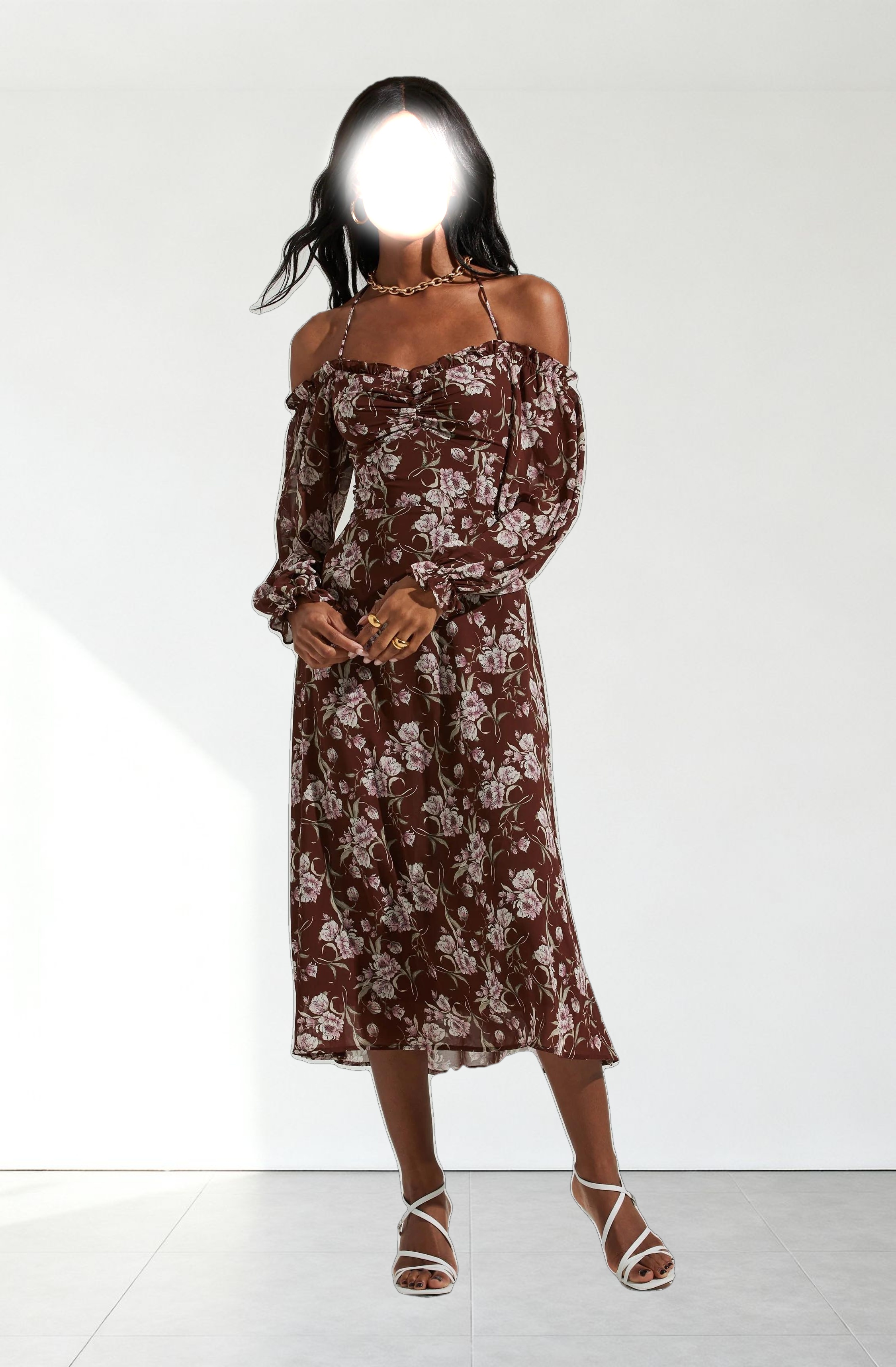 Off Shoulder Long Sleeve Cinched Bust Midi Dress