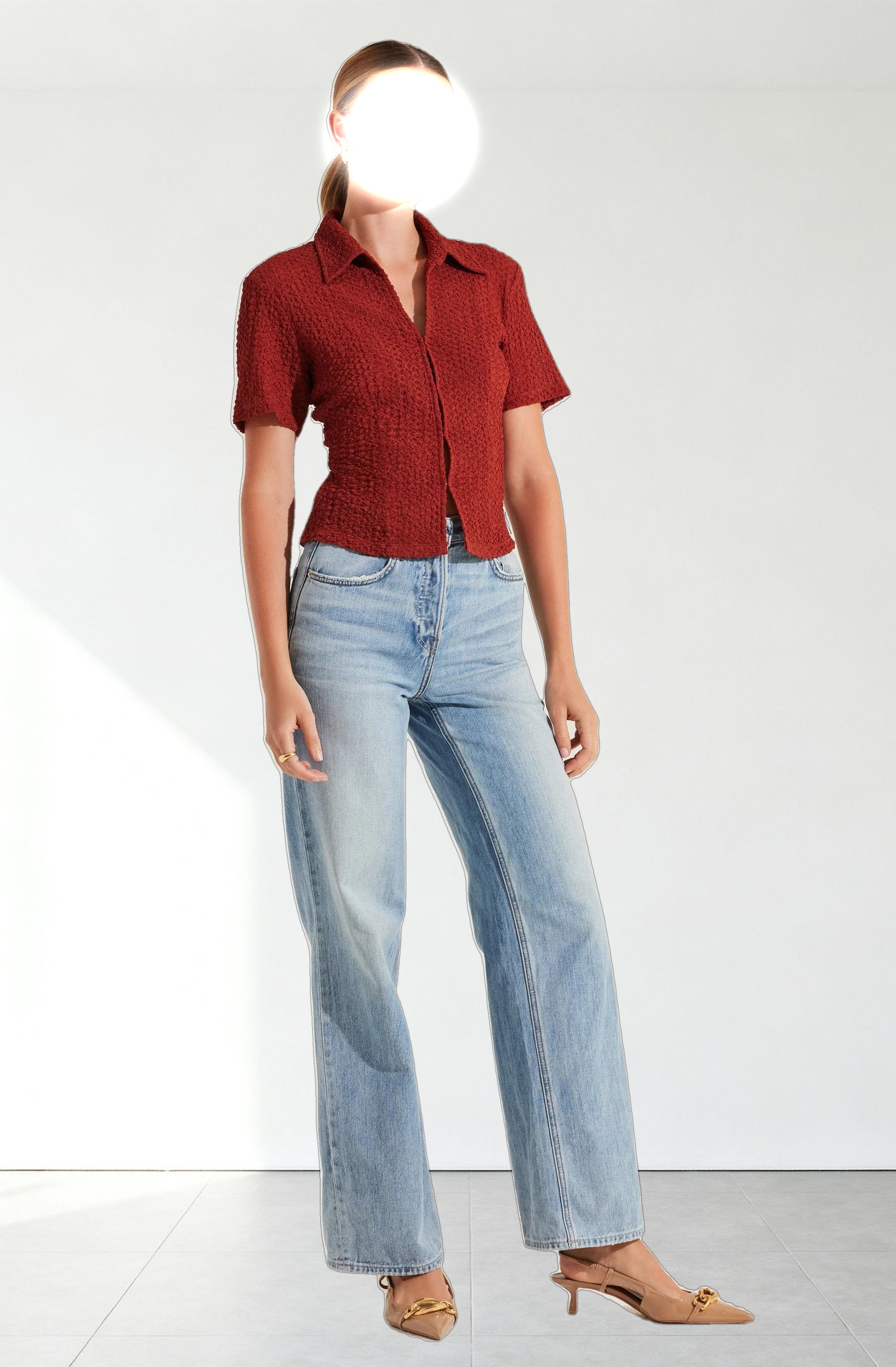 Textured Collared Hook-Closure Top