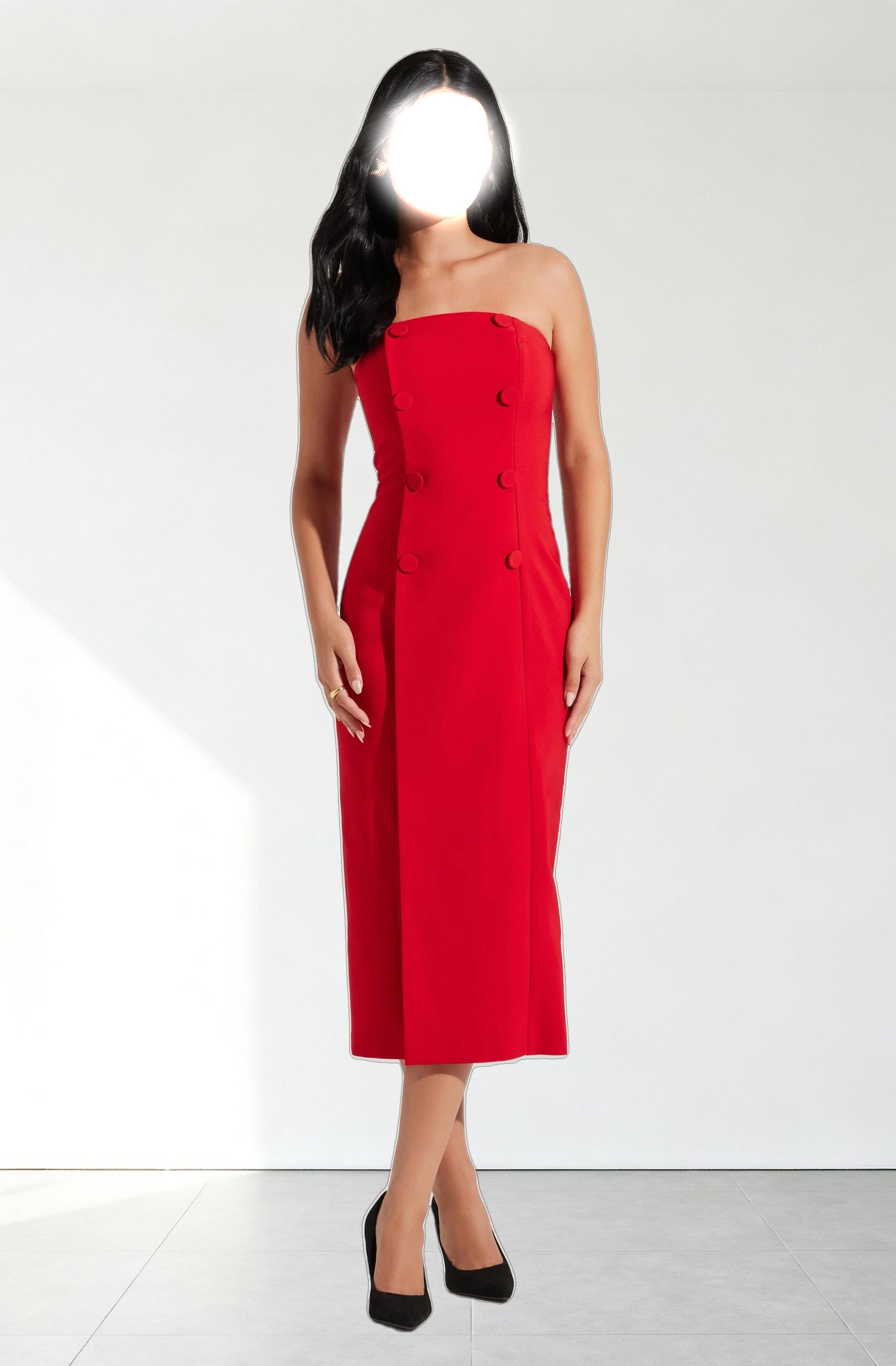 Strapless Double-Breasted Midi Dress