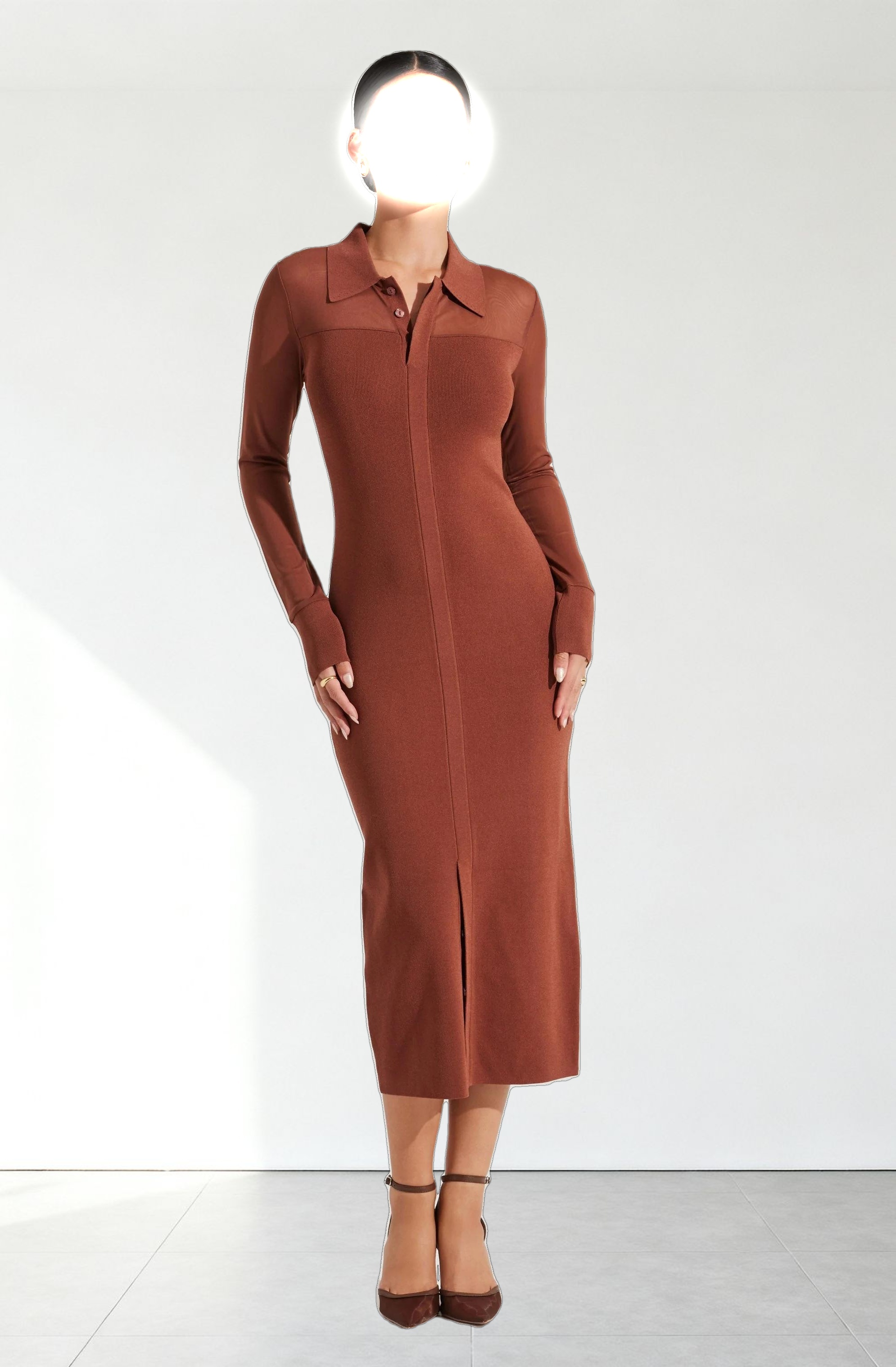 Contrast Mesh Collared Midi Dress