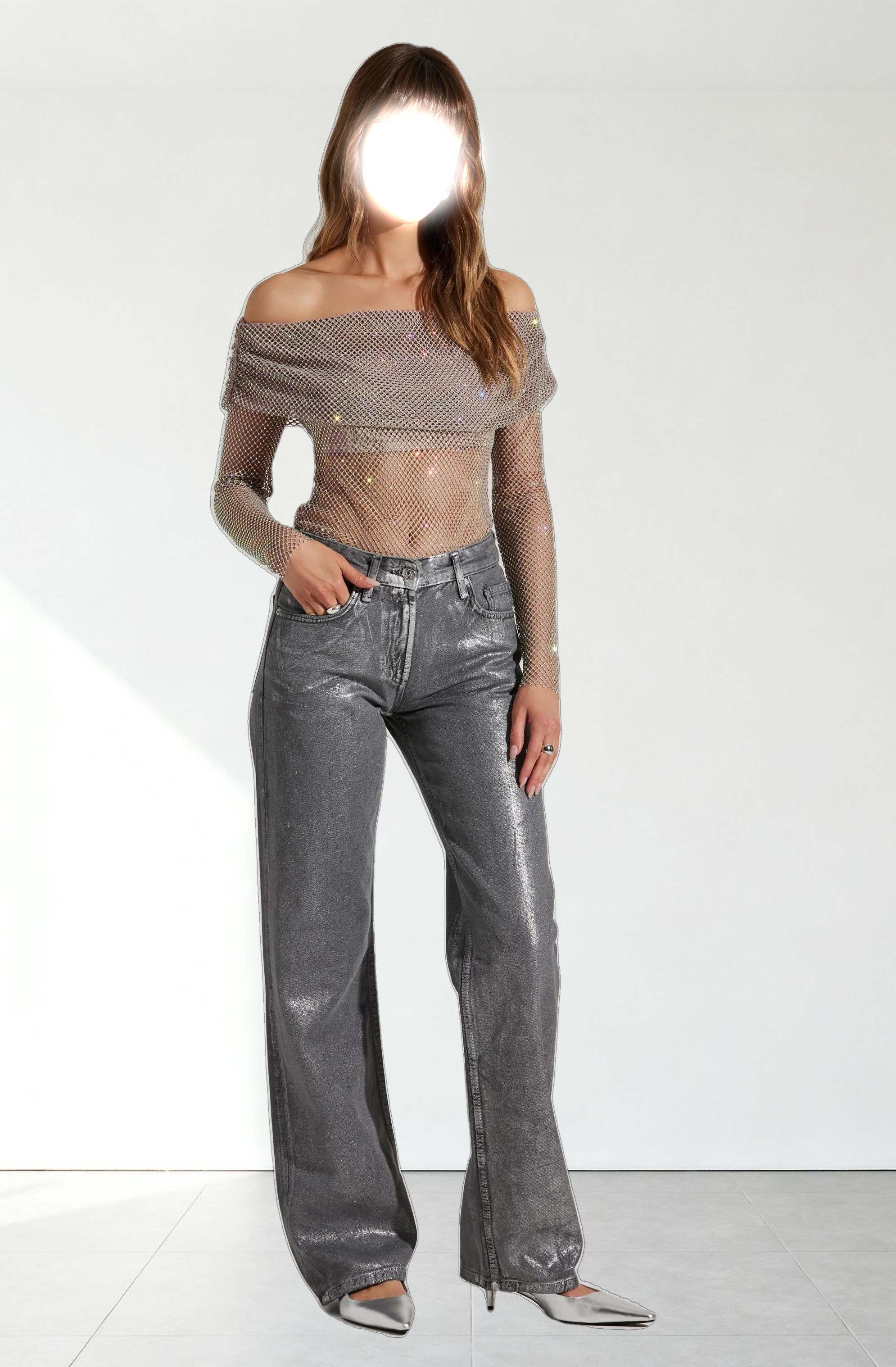 Diamante Rhinestone Mesh Off Shoulder Top