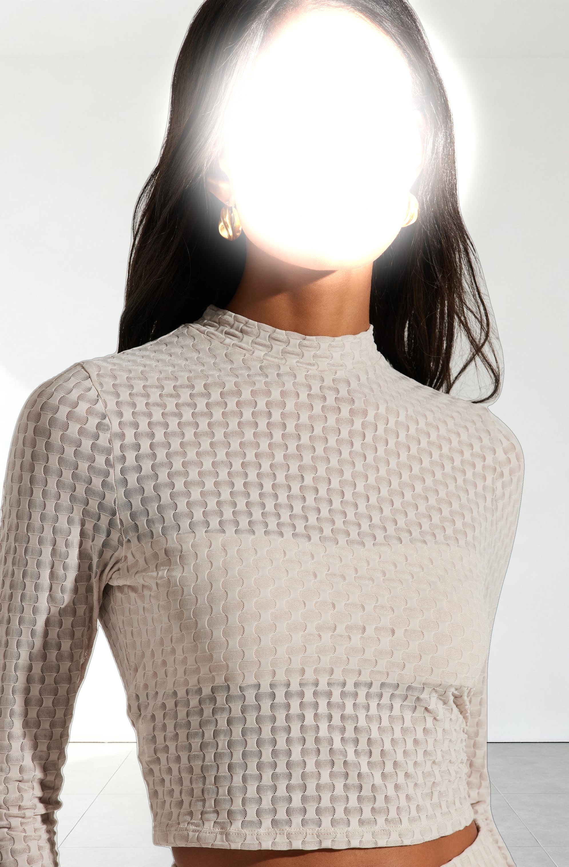 Indah Semi Sheer Mock Neck Long Sleeve Top