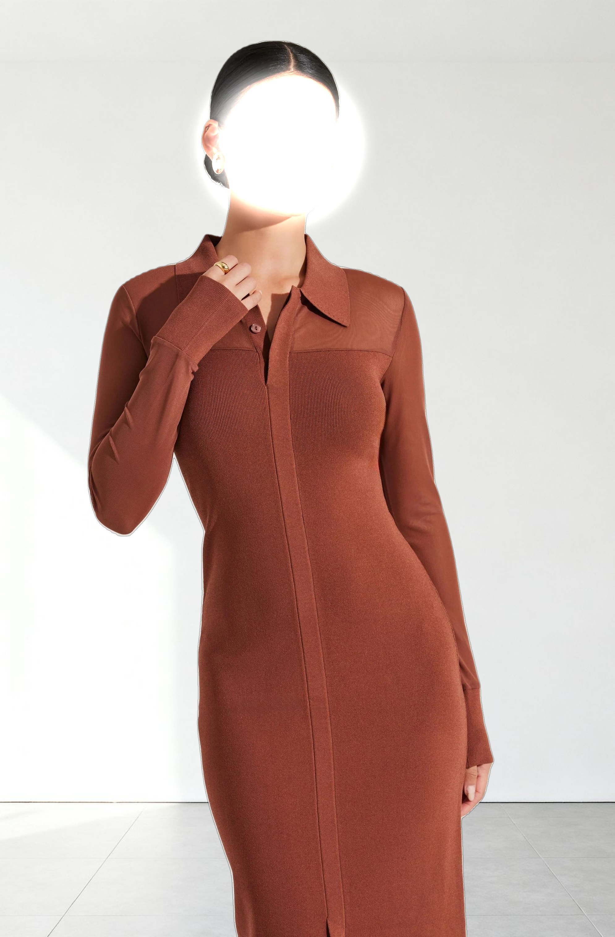 Contrast Mesh Collared Midi Dress