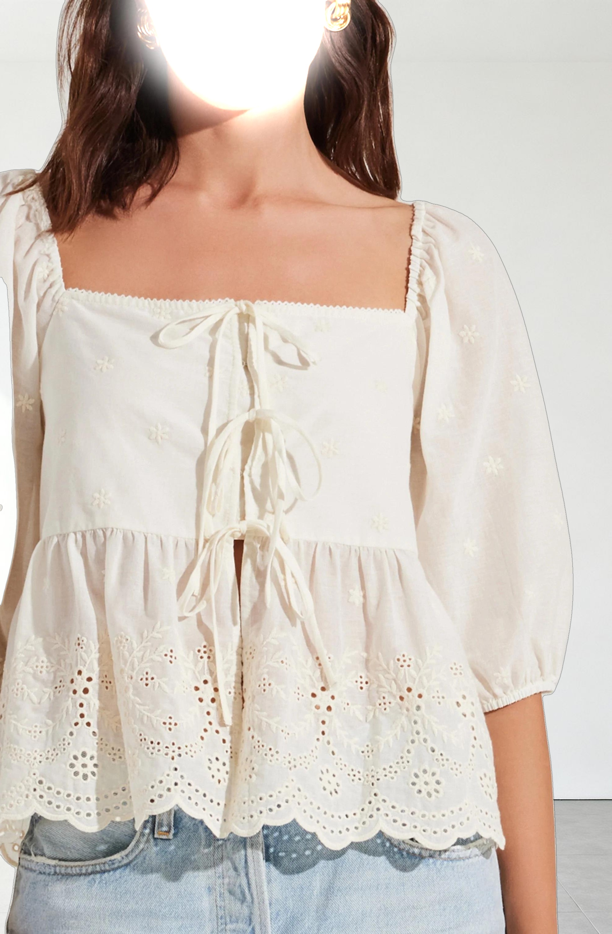 Ezmae Embroidered Tie-Front Top