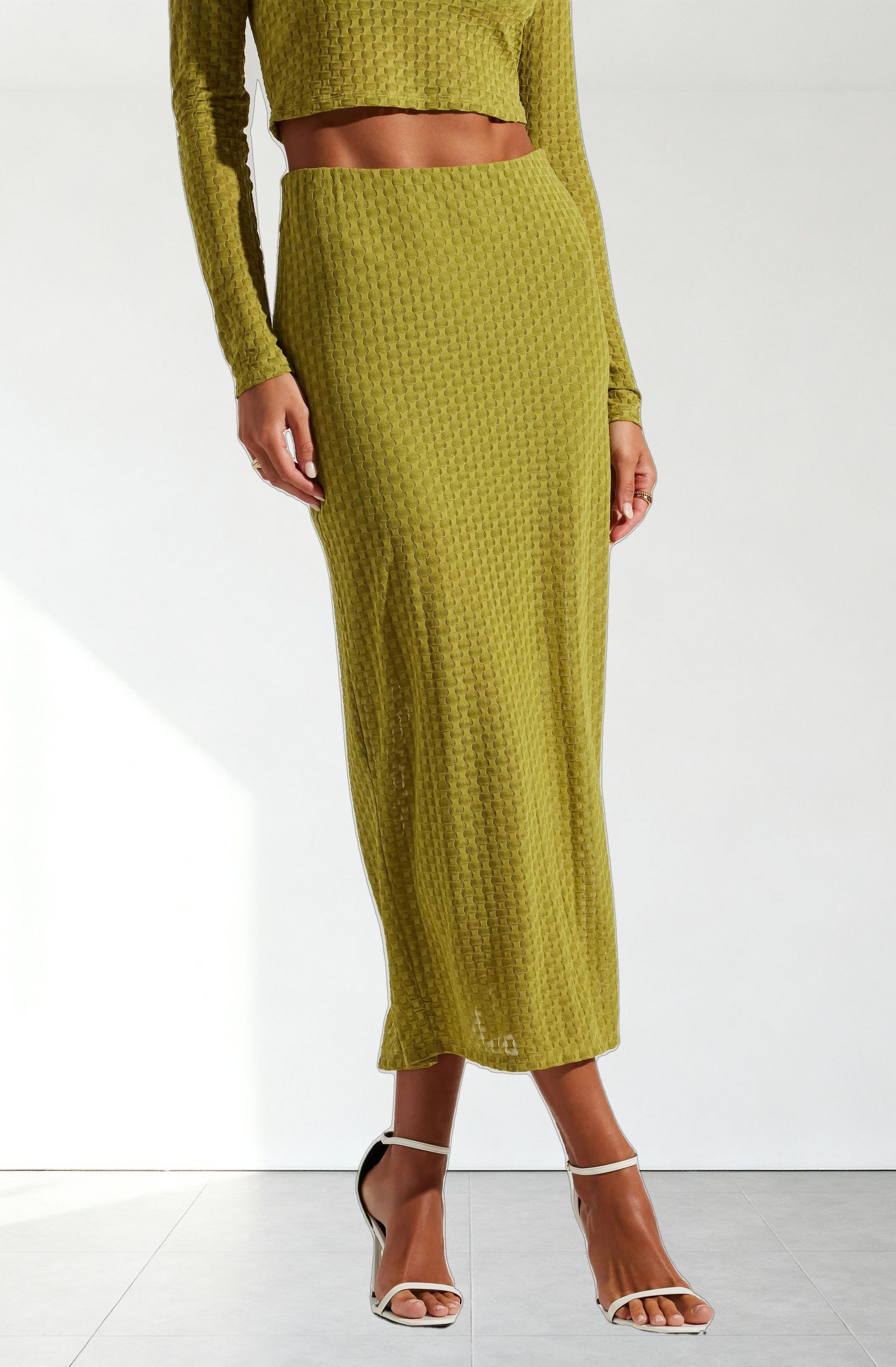 Indah Semi Sheer Overlay Midi Skirt