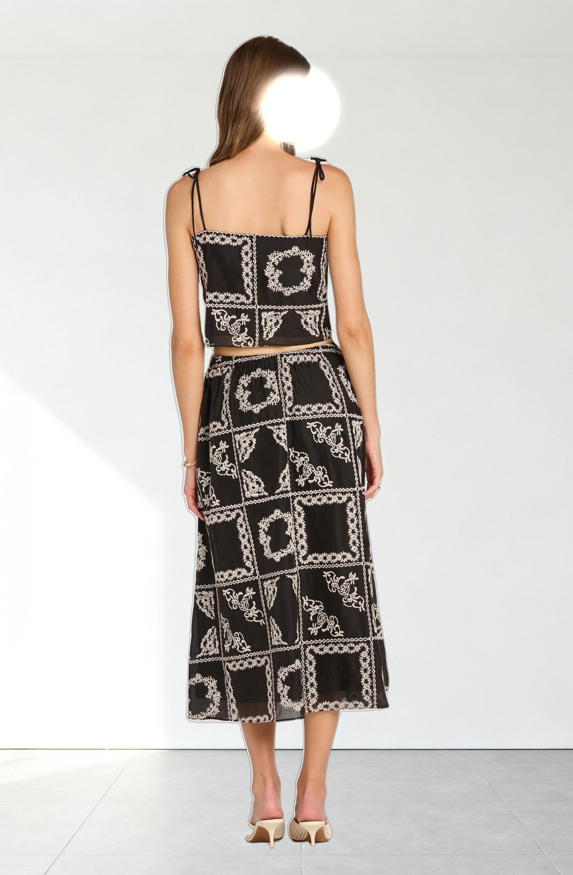 Embroidered Cutwork Midi Skirt