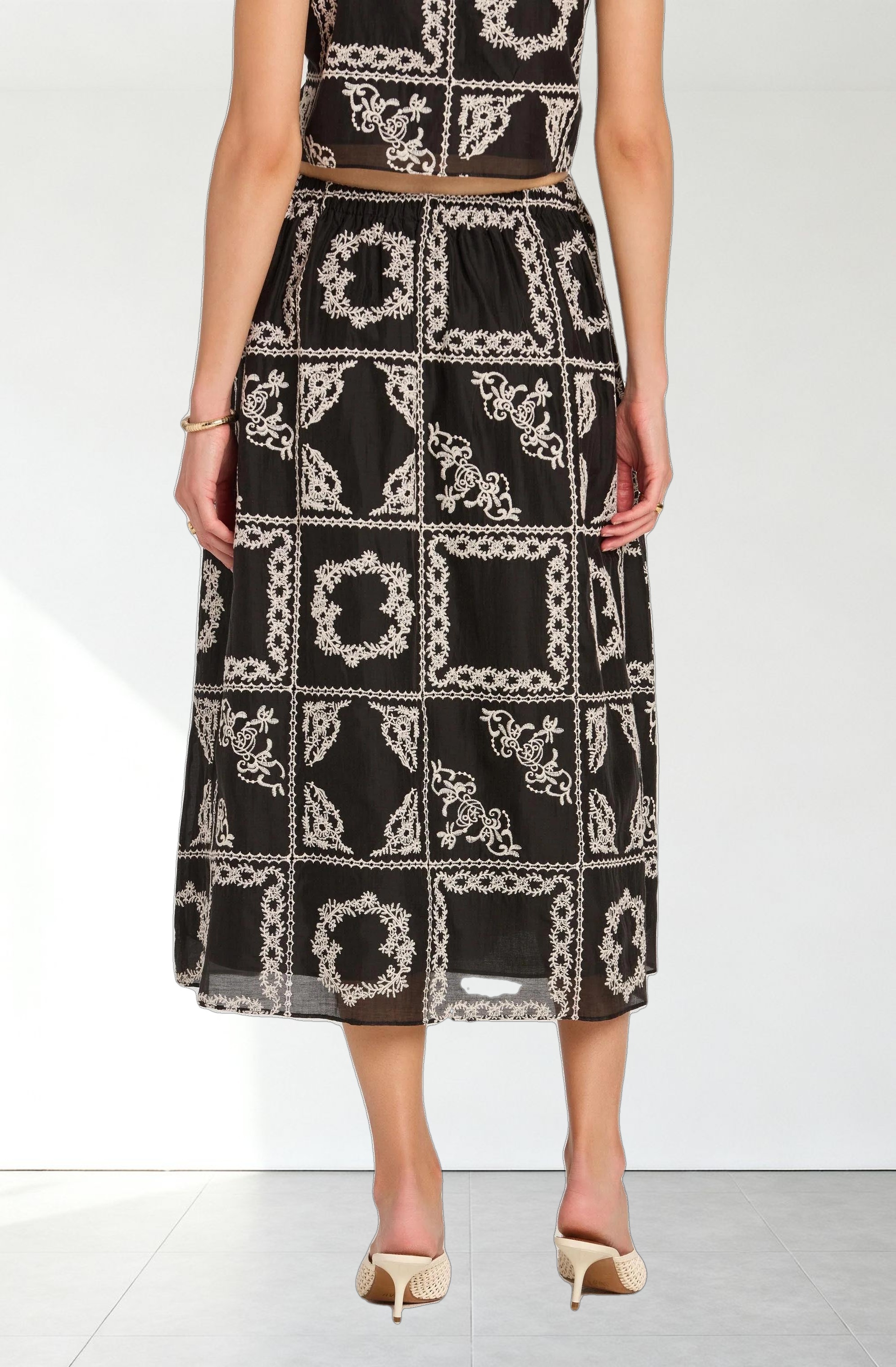 Embroidered Cutwork Midi Skirt