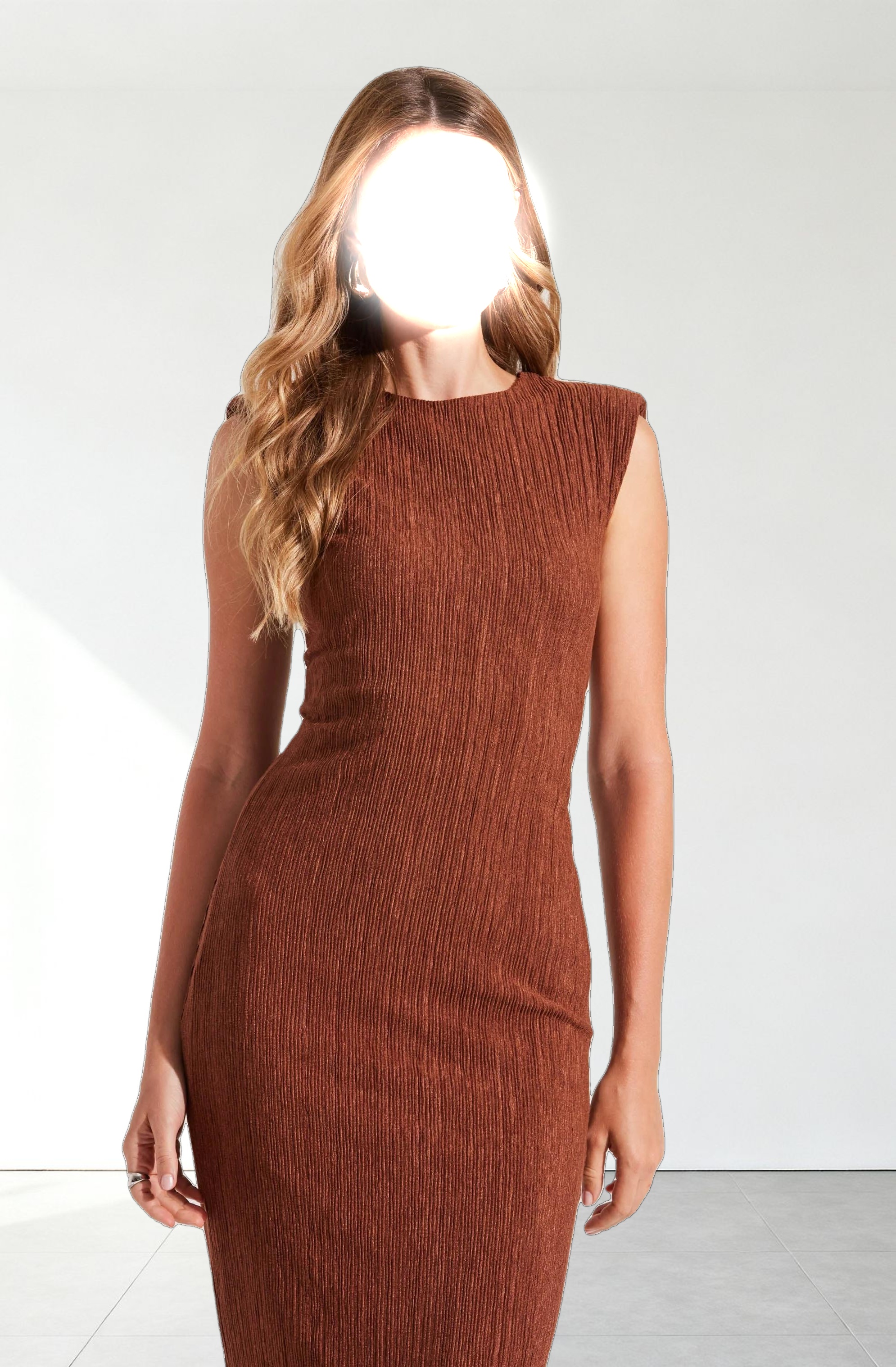 Plisse Straight Neck Midi Dress