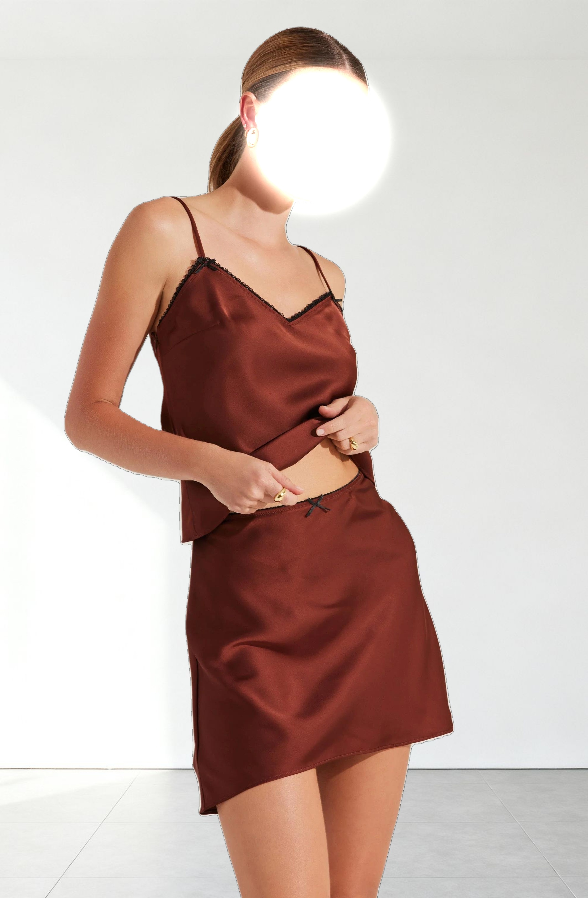 Satin Lace Trim Mini Skirt