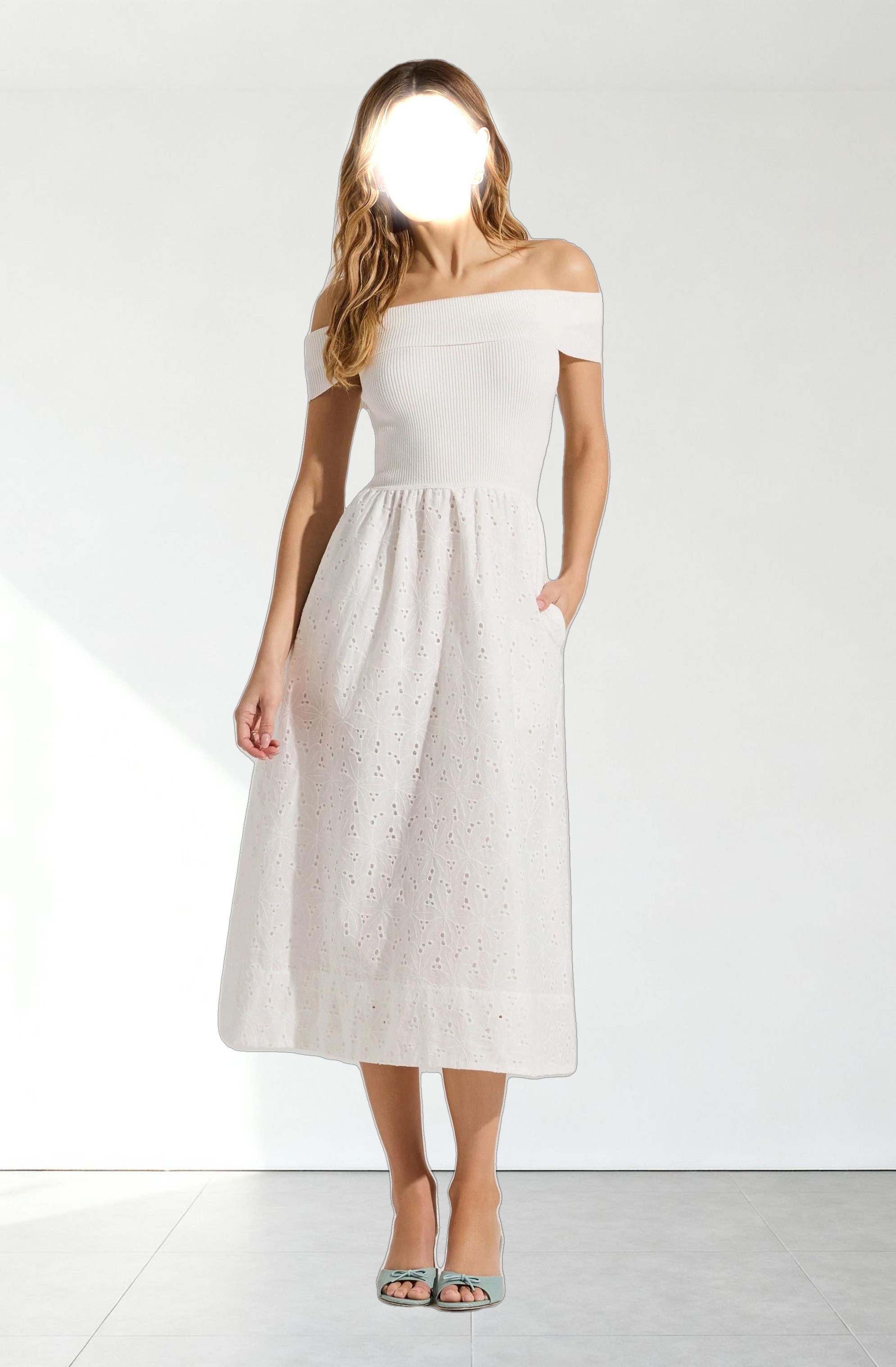 Off Shoulder Eyelet Midi Dress