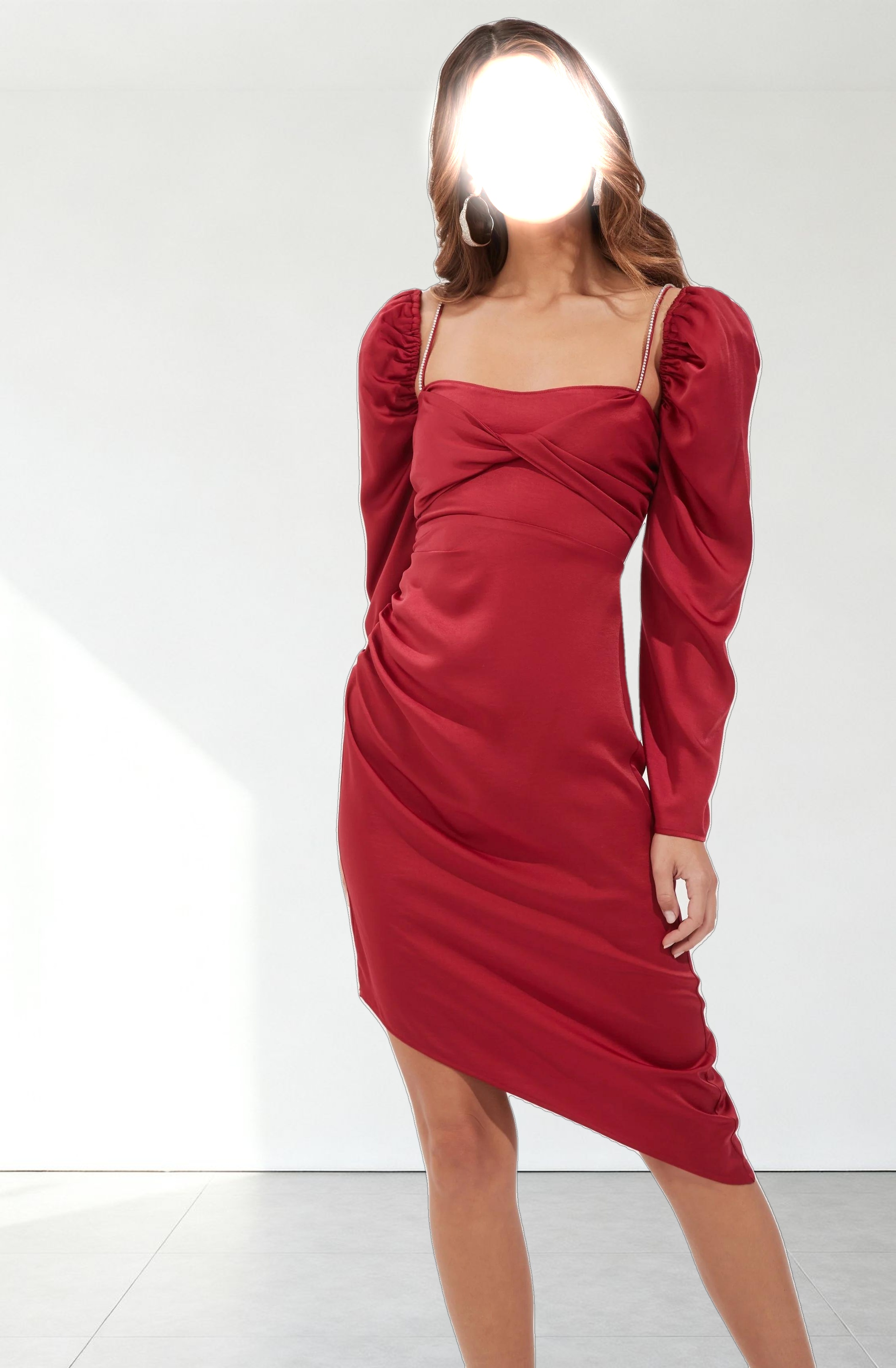 Claudina Rhinestone Embellished Satin Long Sleeve Midi Dress