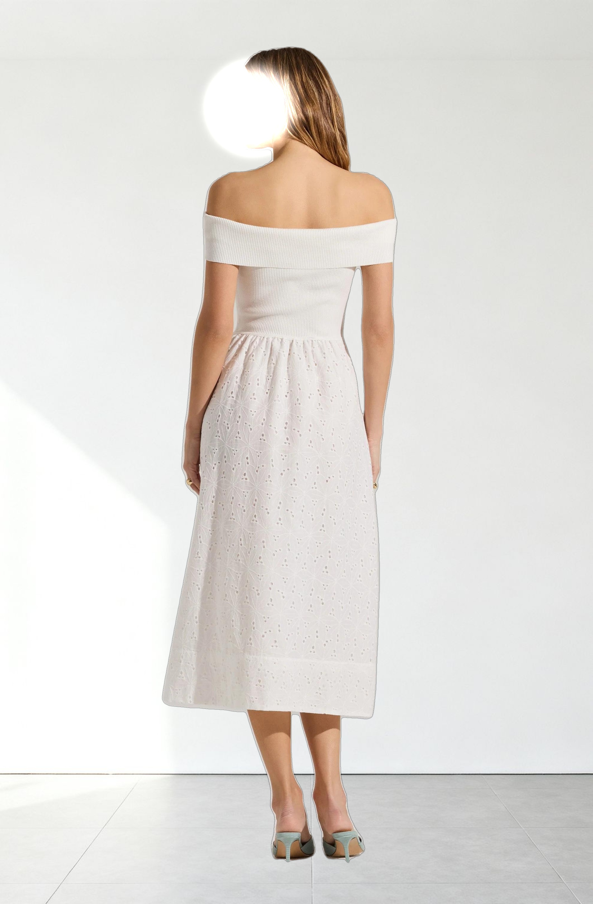 Off Shoulder Eyelet Midi Dress