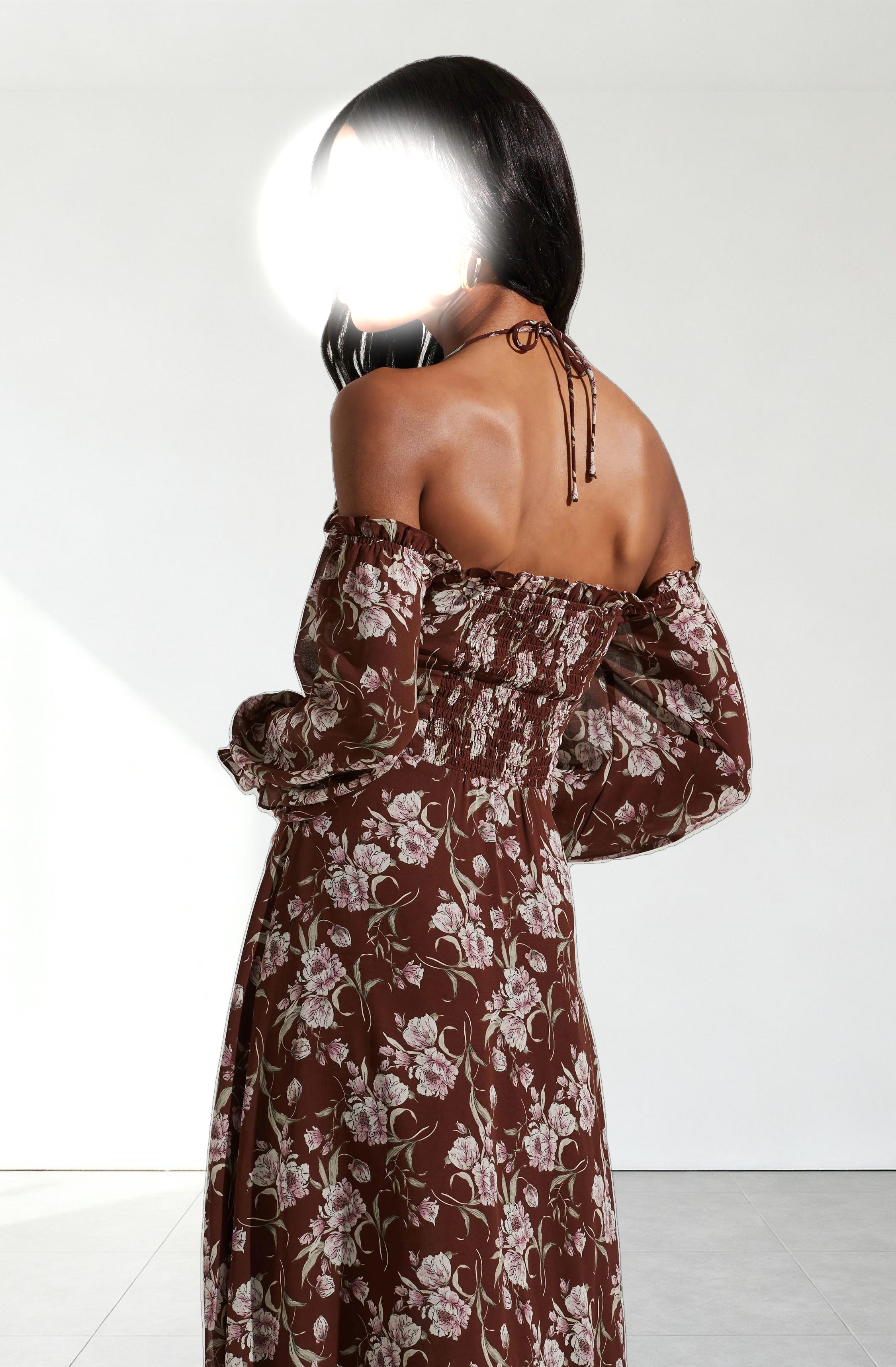 Off Shoulder Long Sleeve Cinched Bust Midi Dress