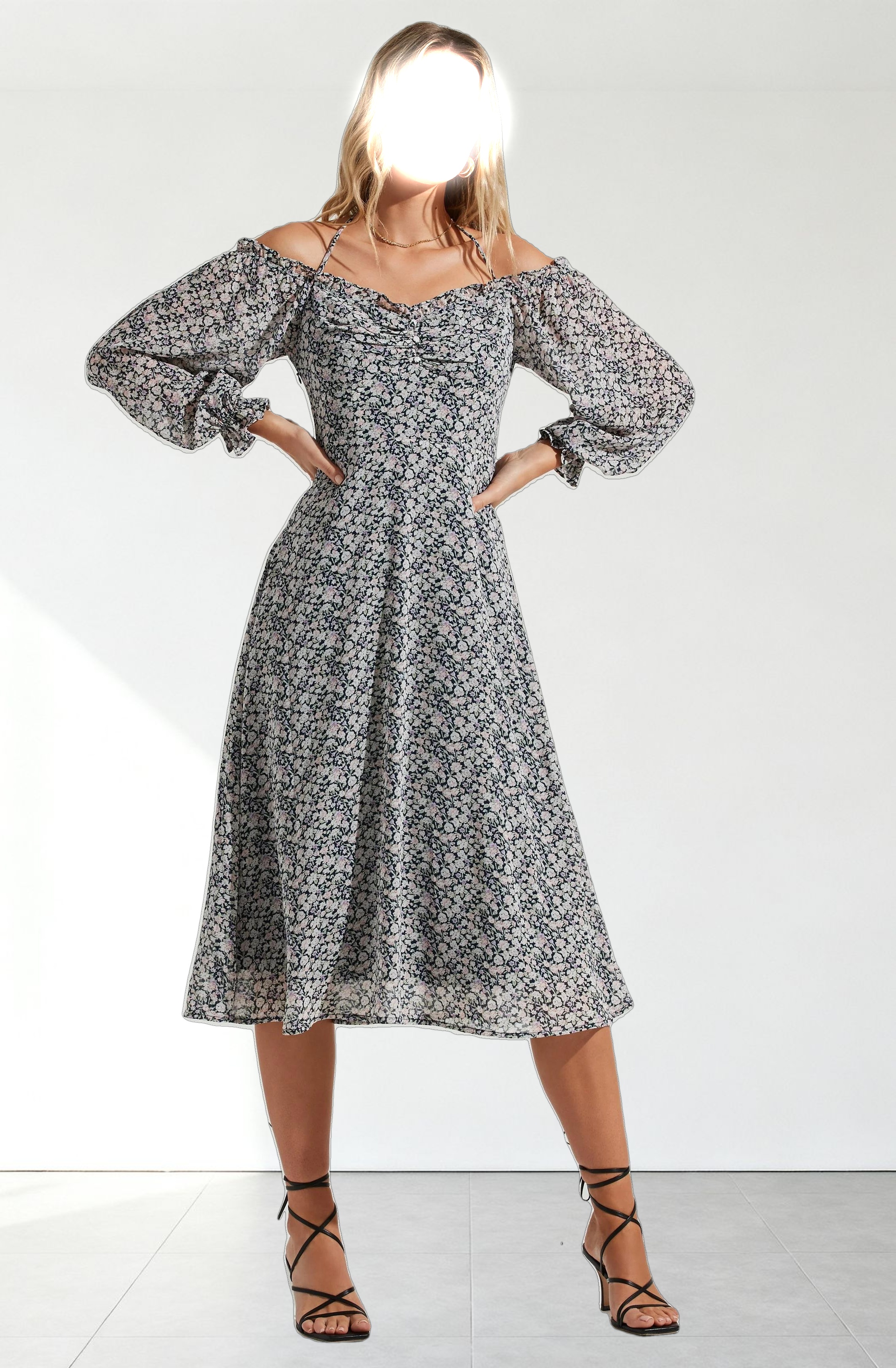 Off Shoulder Long Sleeve Cinched Bust Midi Dress