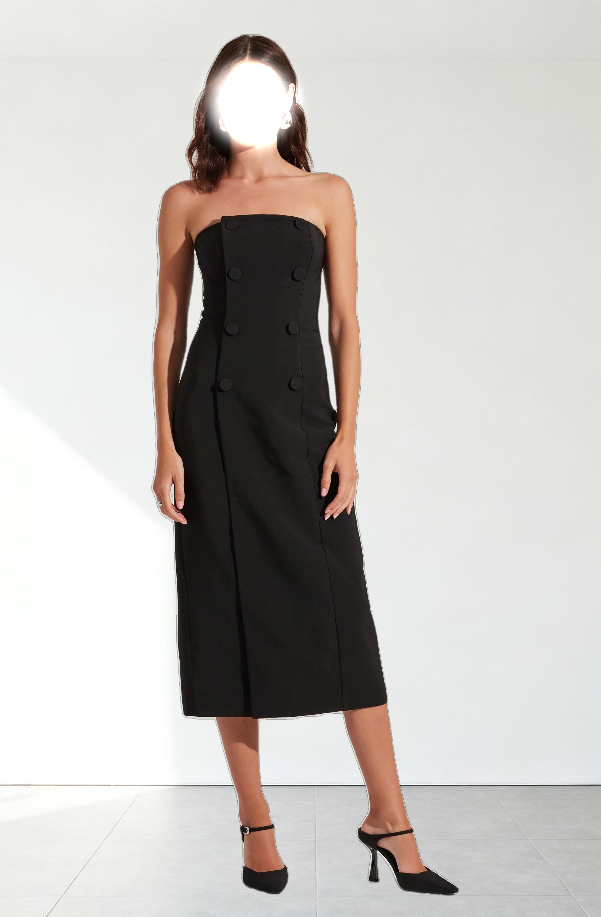 Strapless Double-Breasted Midi Dress