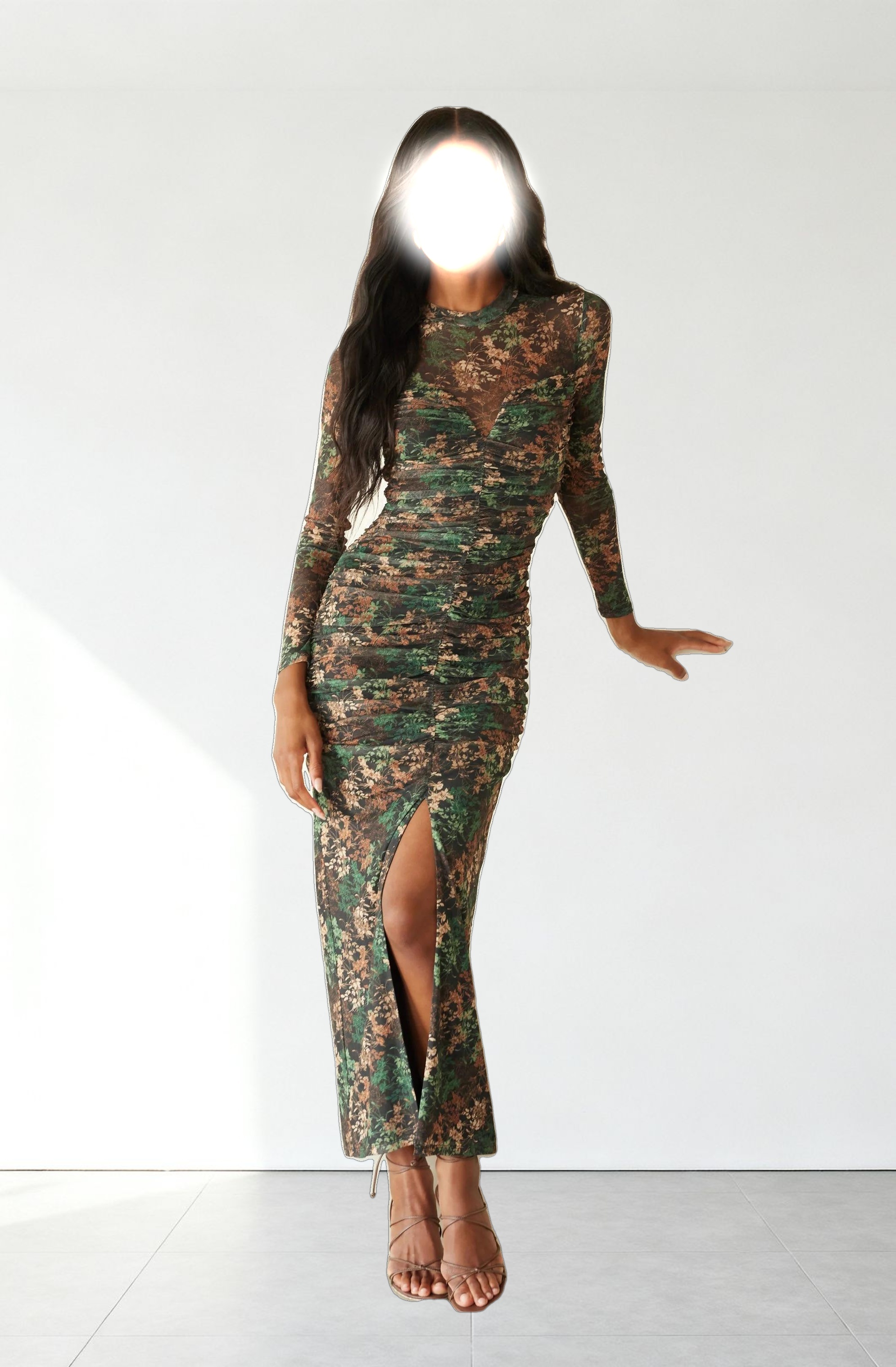 Mesh Sweetheart Ruched Maxi Dress