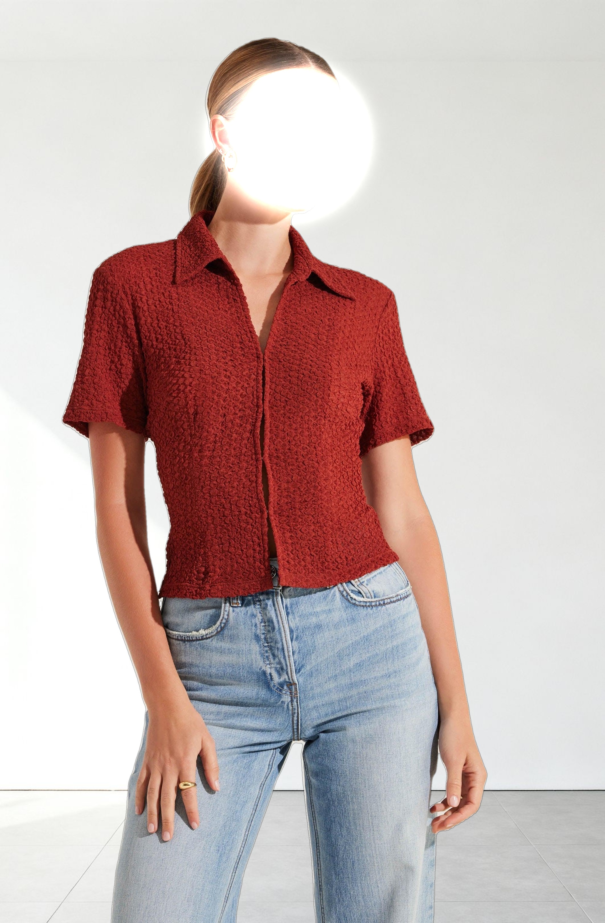 Textured Collared Hook-Closure Top