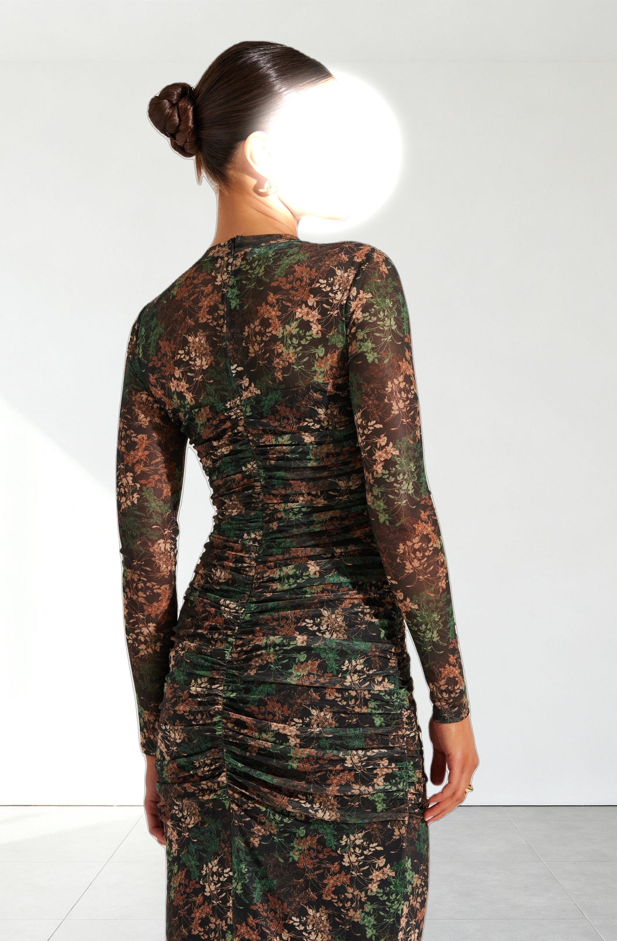 Mesh Sweetheart Ruched Maxi Dress