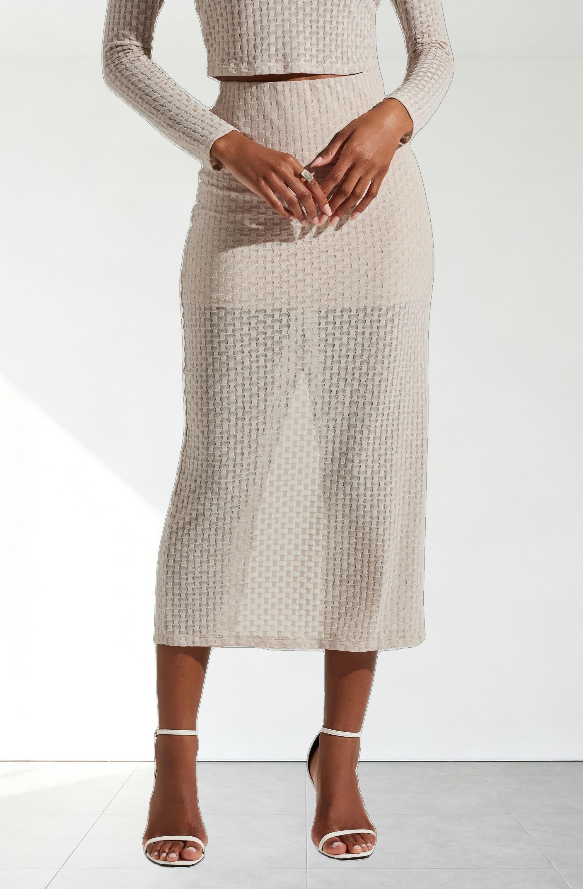 Indah Semi Sheer Overlay Midi Skirt