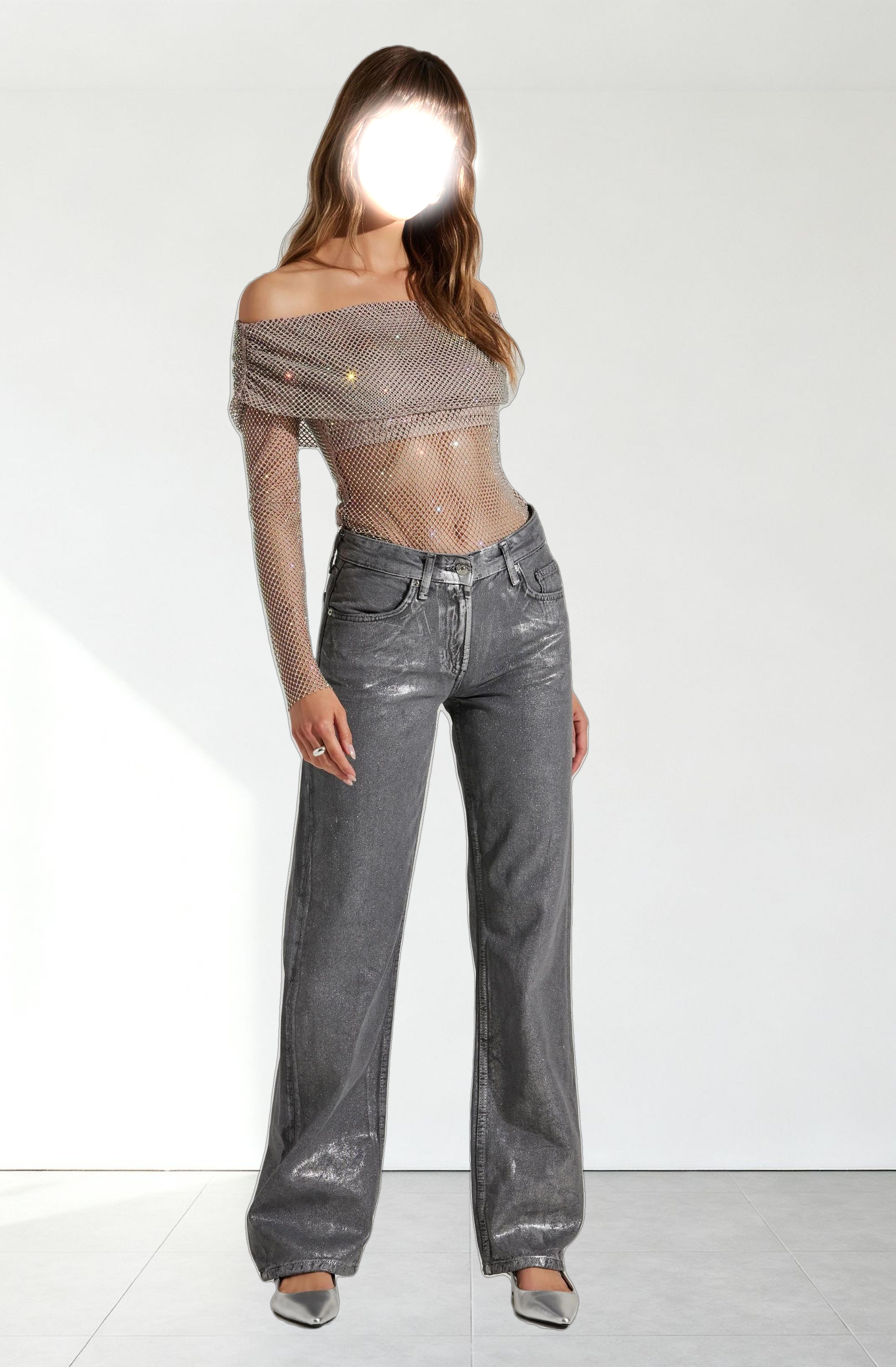 Diamante Rhinestone Mesh Off Shoulder Top