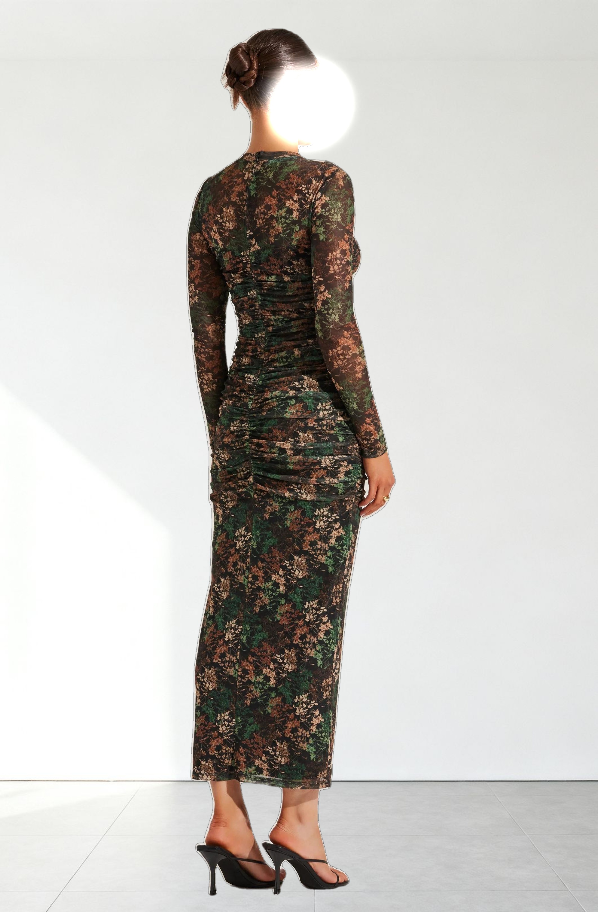 Mesh Sweetheart Ruched Maxi Dress