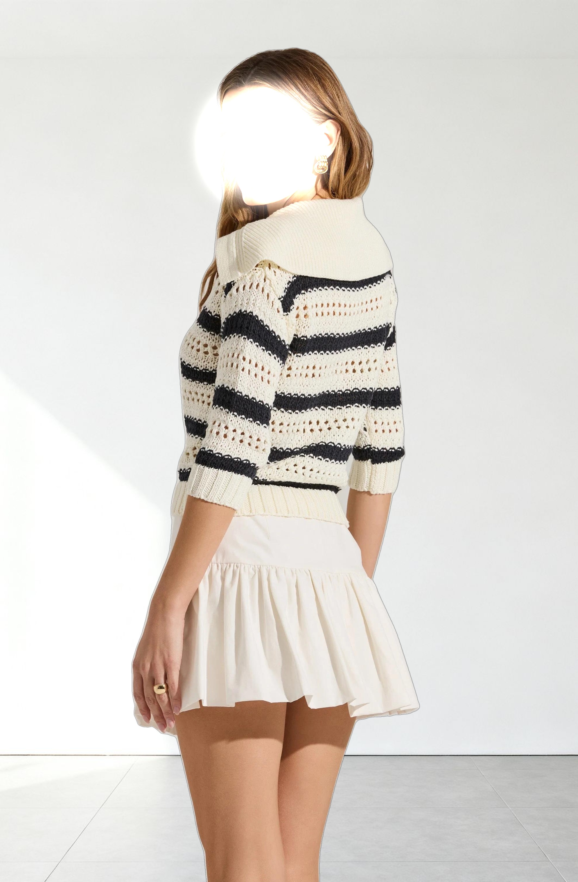 Striped Open Knit Polo Sweater