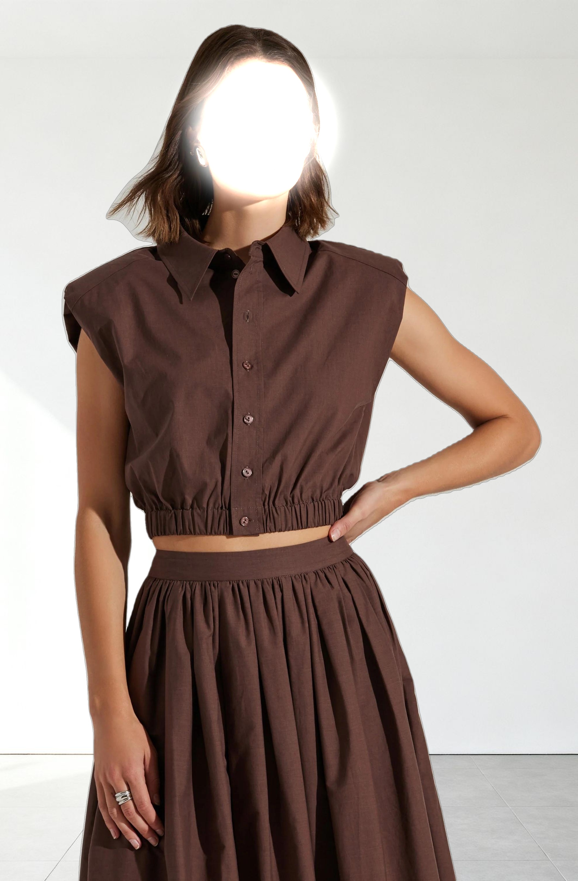 Bysen Padded Shoulder Button-Up Top