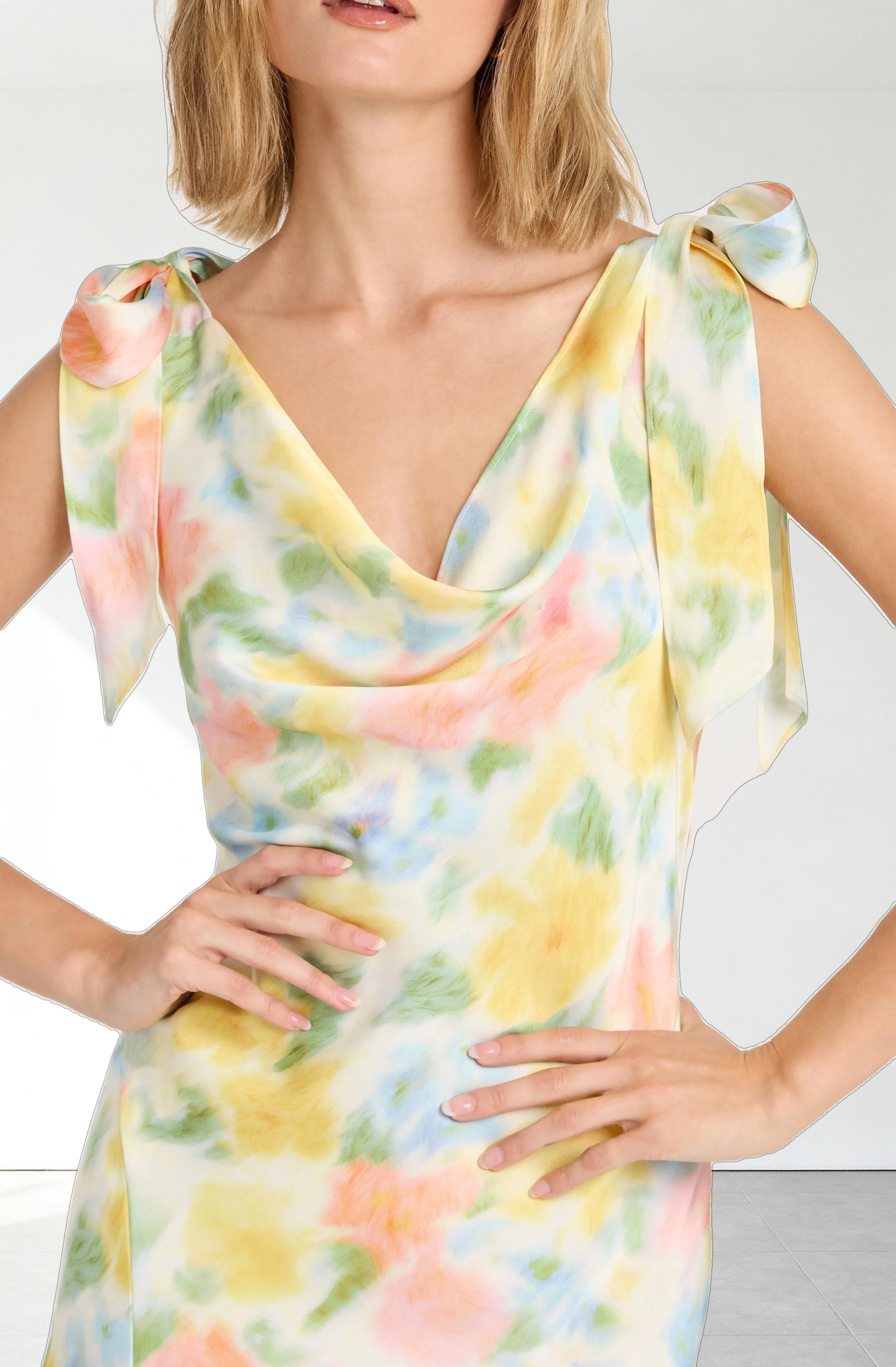 Allexina Satin Cowl Neck Midi Dress