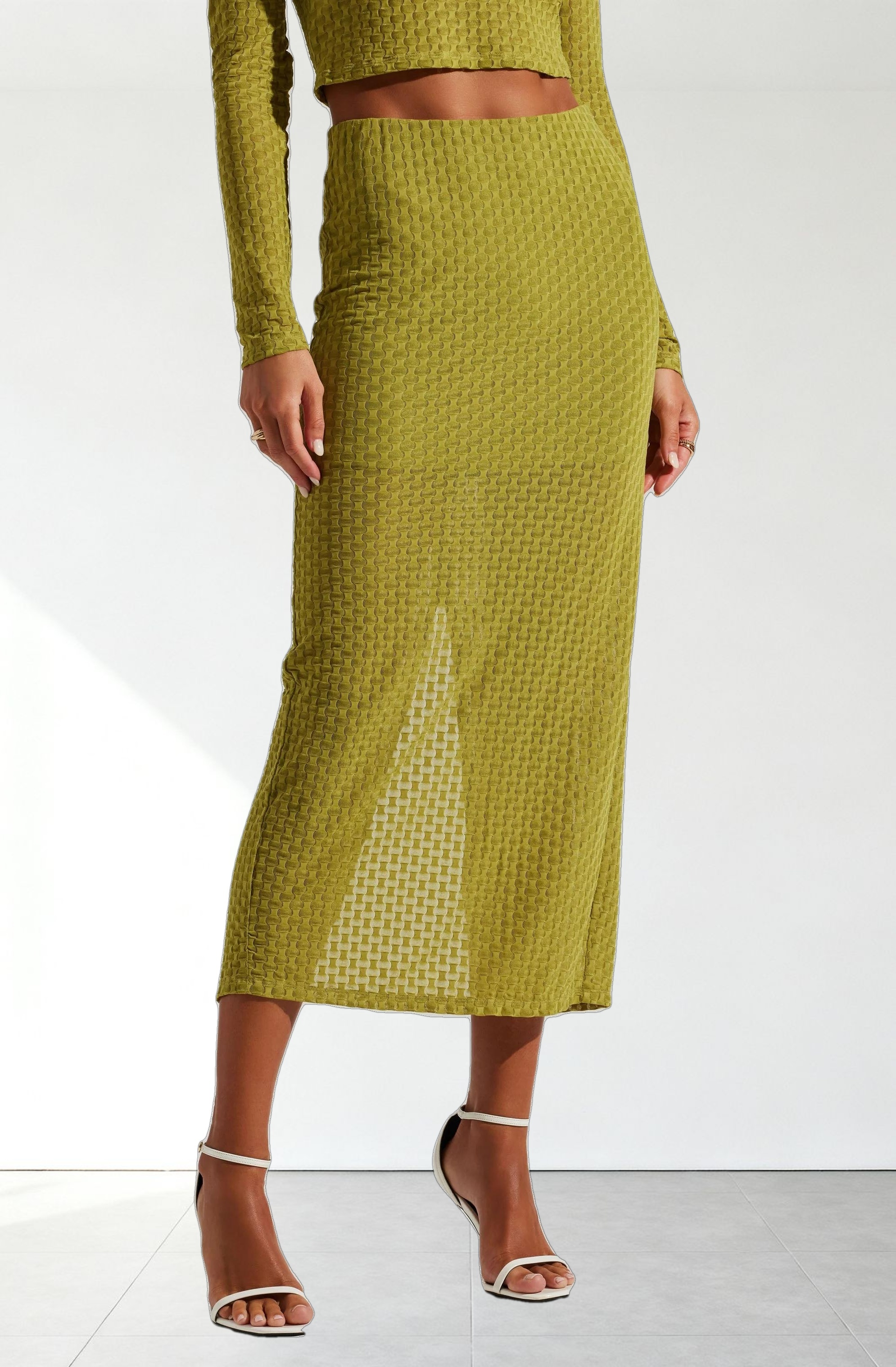 Indah Semi Sheer Overlay Midi Skirt