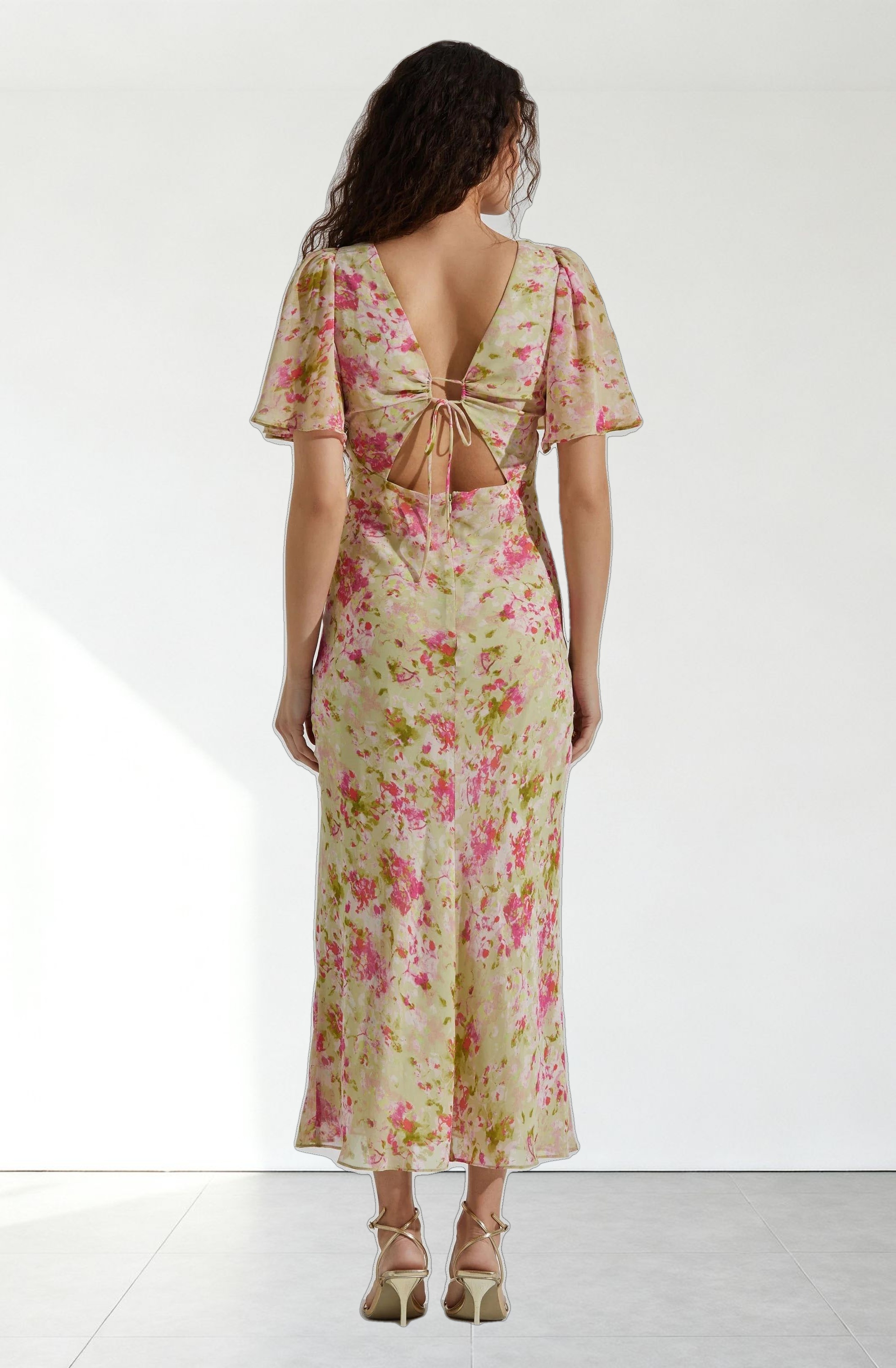 Tie Back Flutter Sleeve Midi Dress