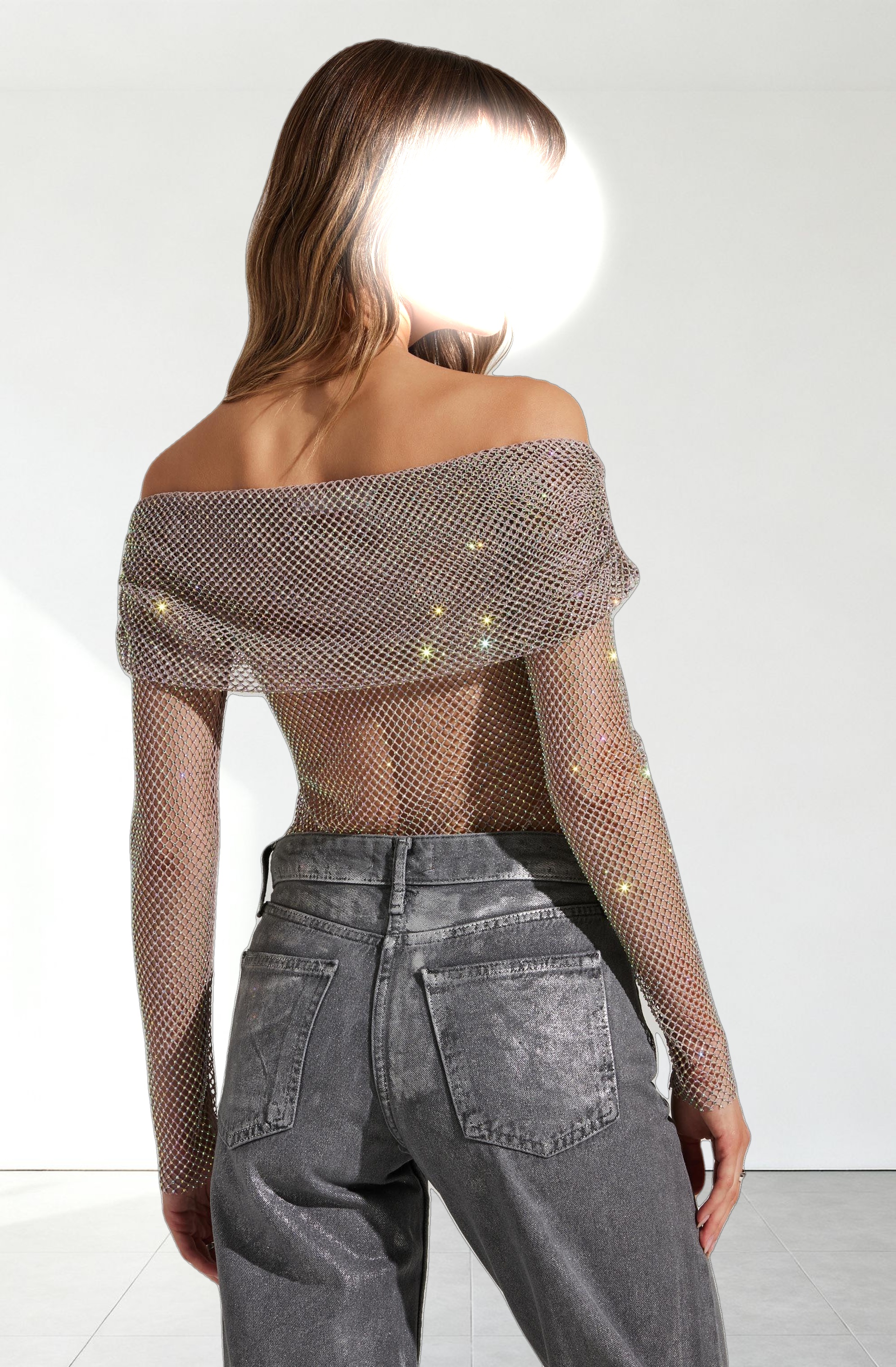 Diamante Rhinestone Mesh Off Shoulder Top