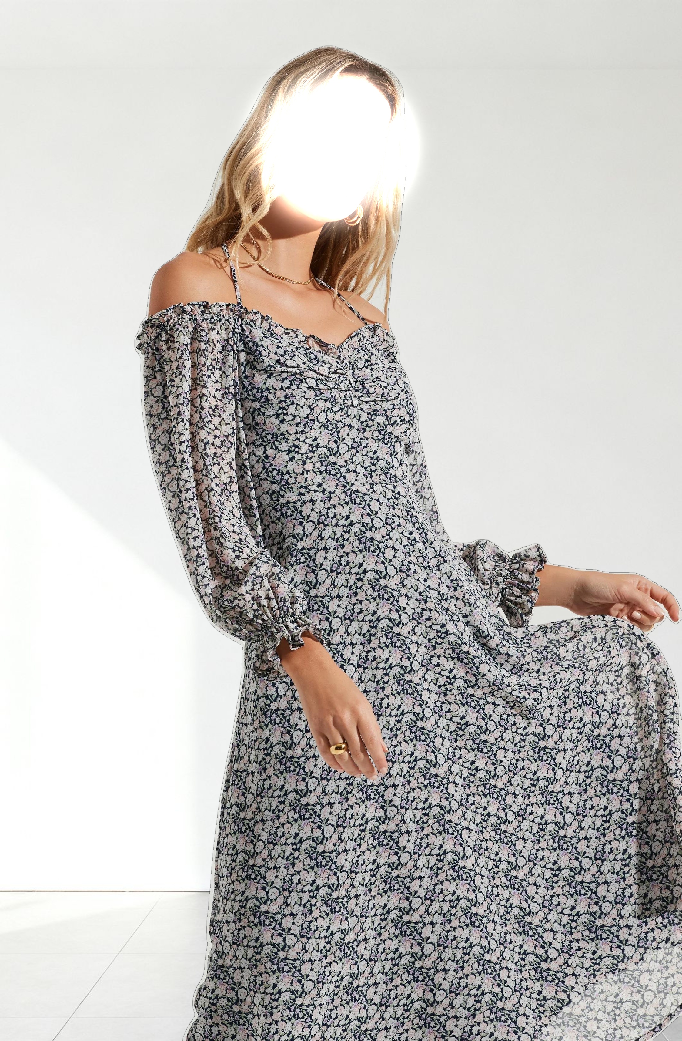 Off Shoulder Long Sleeve Cinched Bust Midi Dress