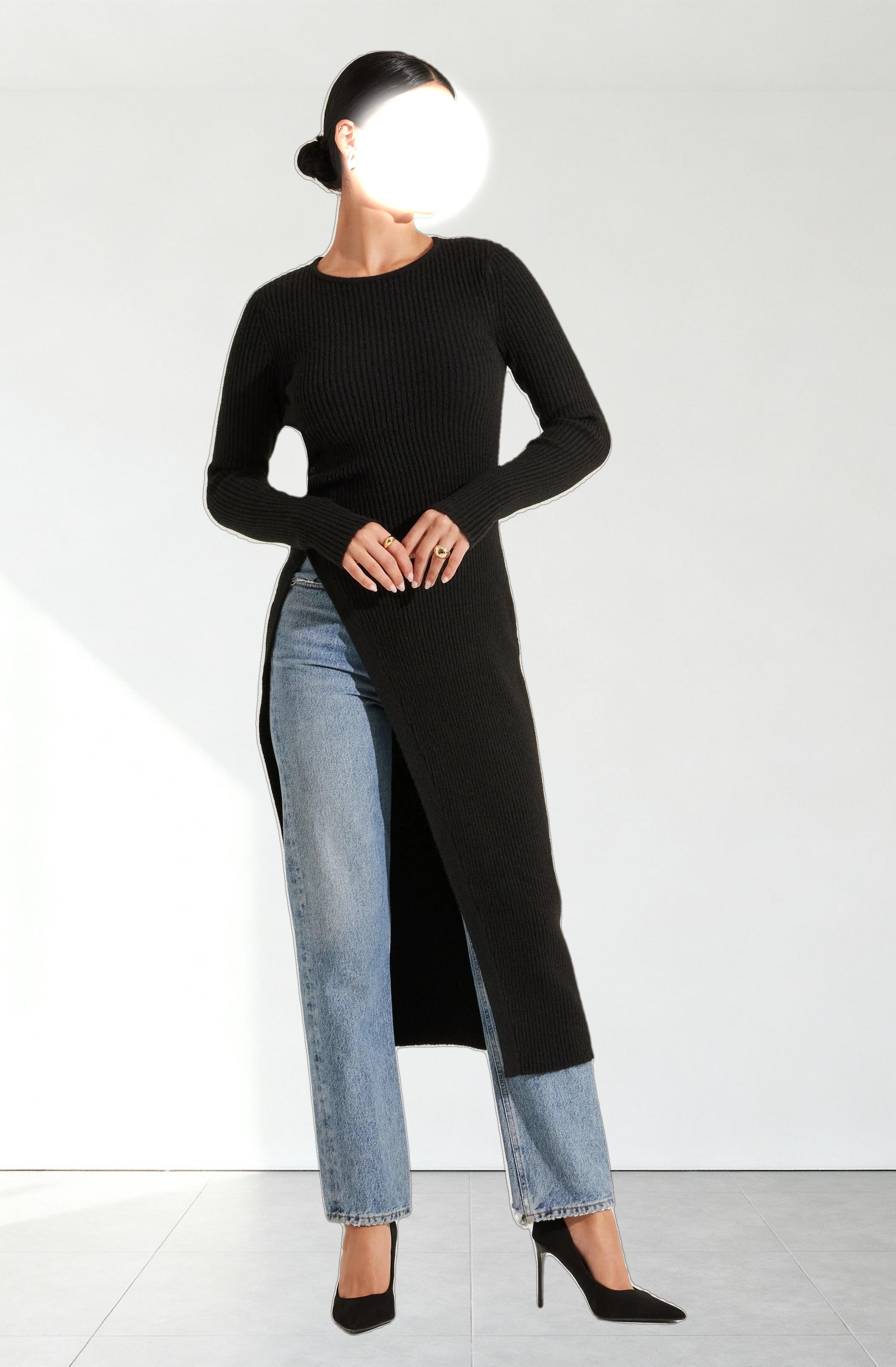 Ribbed Hi Slit Button Sweater