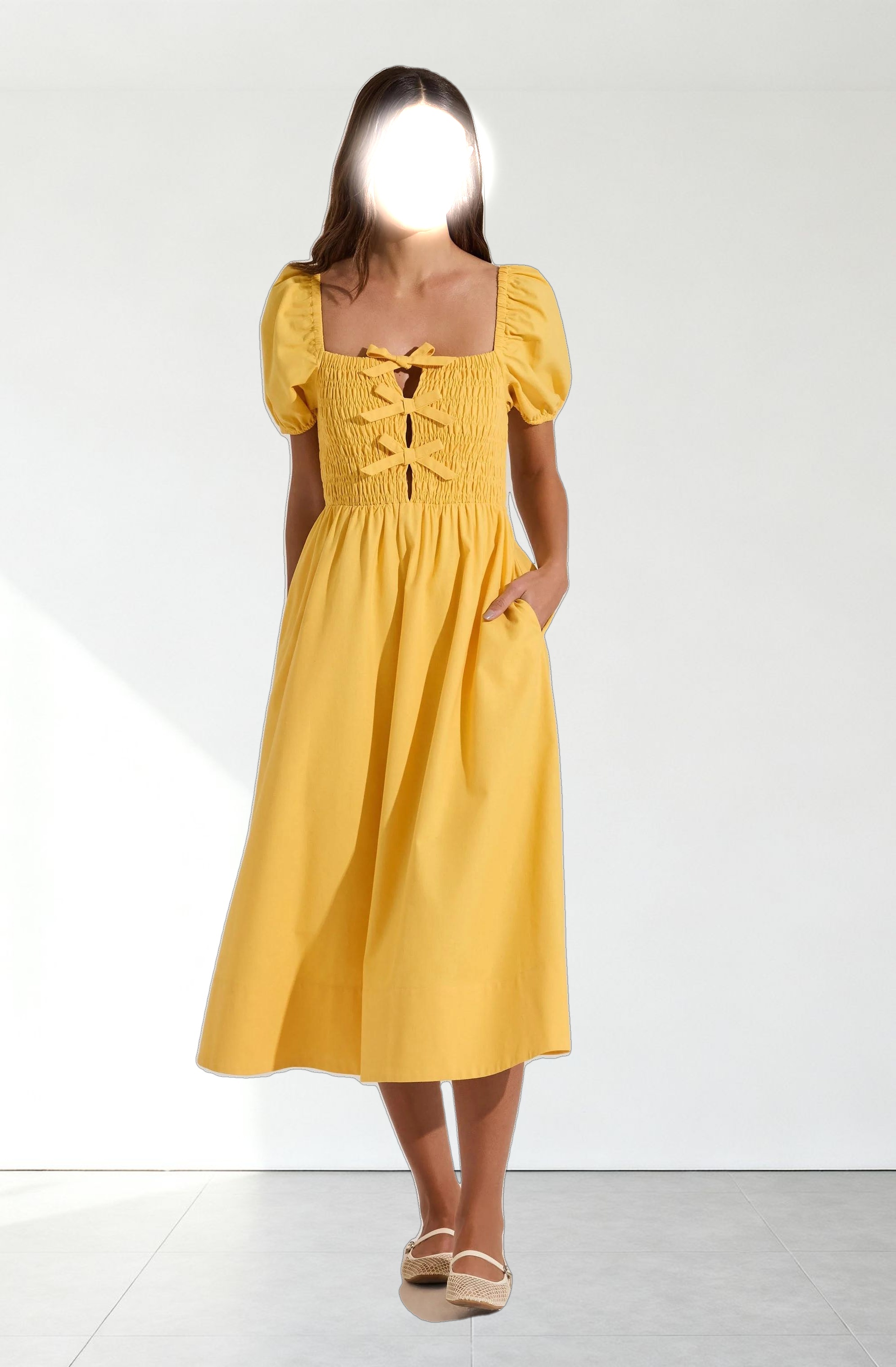 Smocked Bow Midi Dress