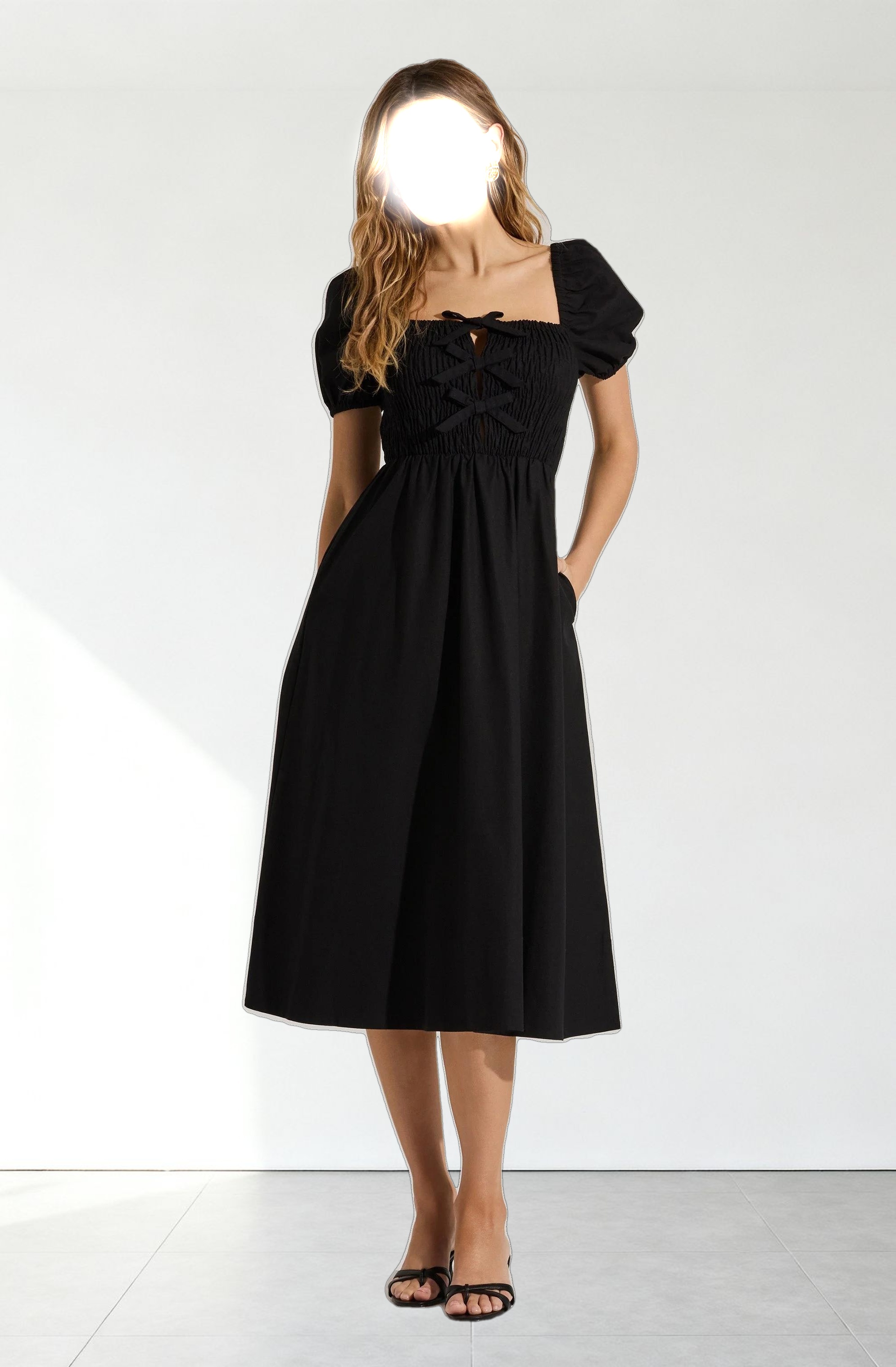 Smocked Bow Midi Dress