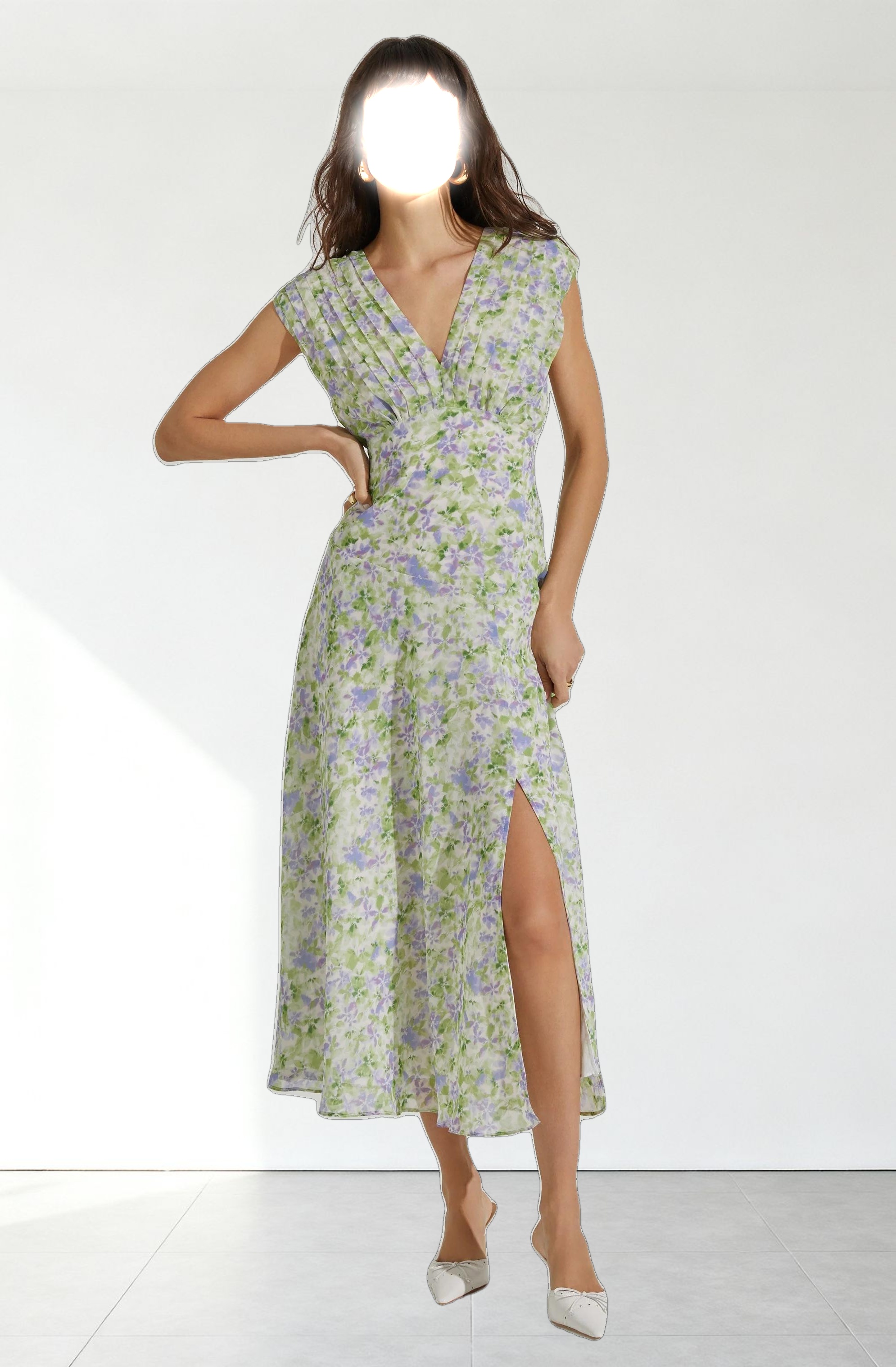 V-Neck Pleated Midi Dress