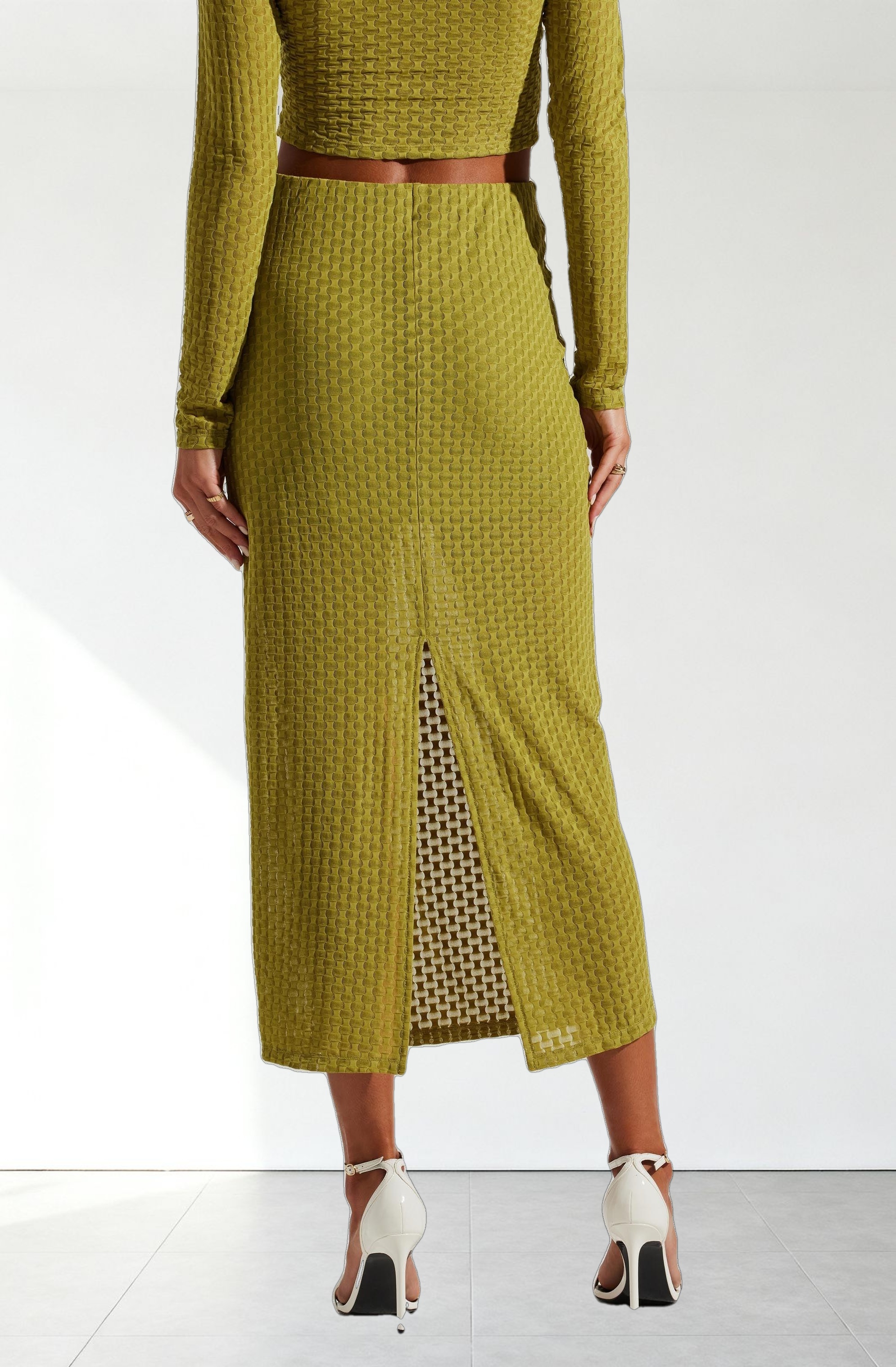 Indah Semi Sheer Overlay Midi Skirt