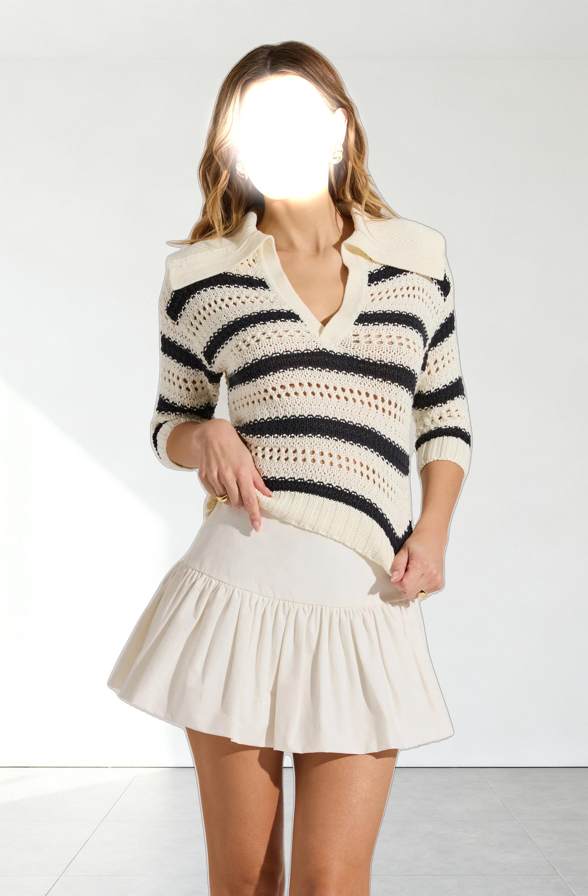 Striped Open Knit Polo Sweater