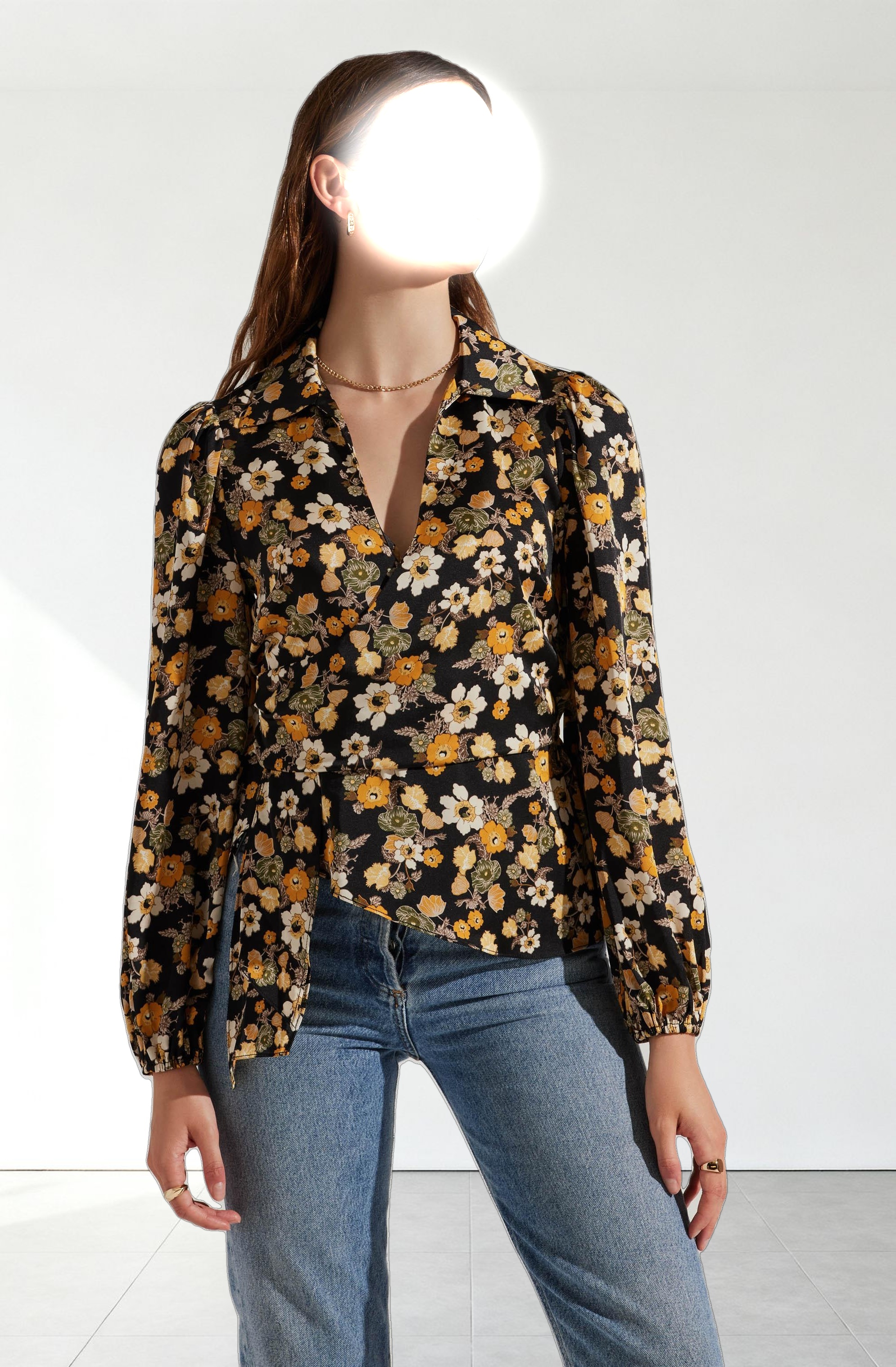 Asymmetrical Collared Floral Wrap Top