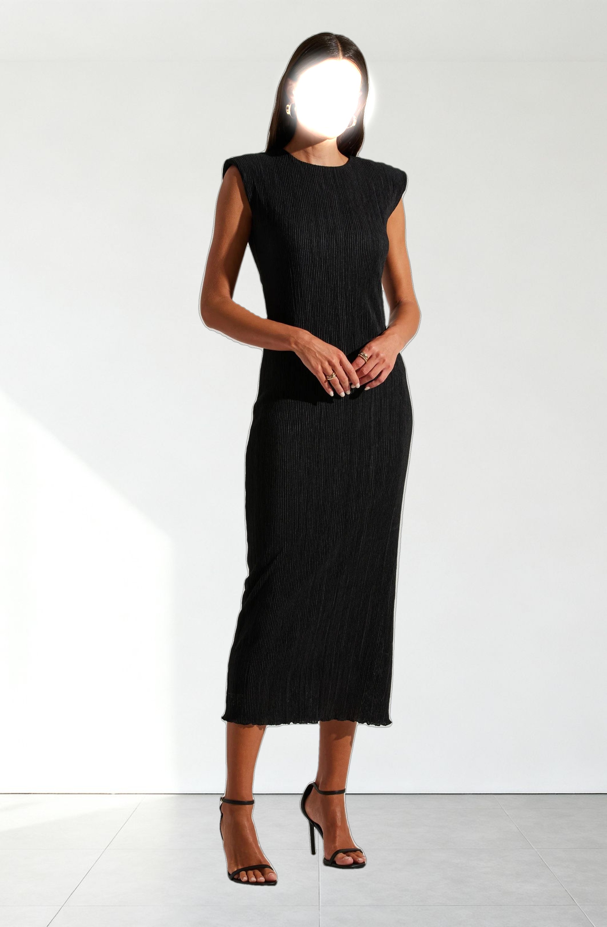Plisse Straight Neck Midi Dress