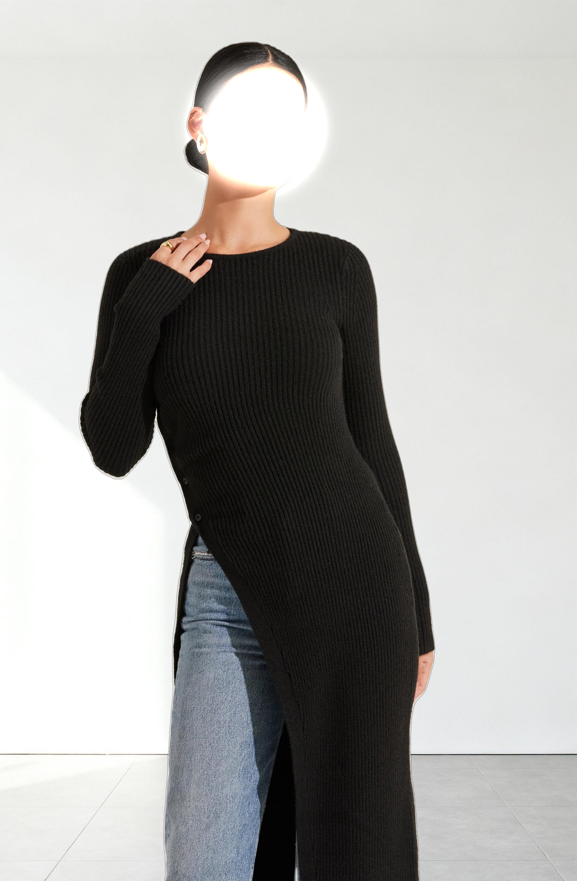 Ribbed Hi Slit Button Sweater