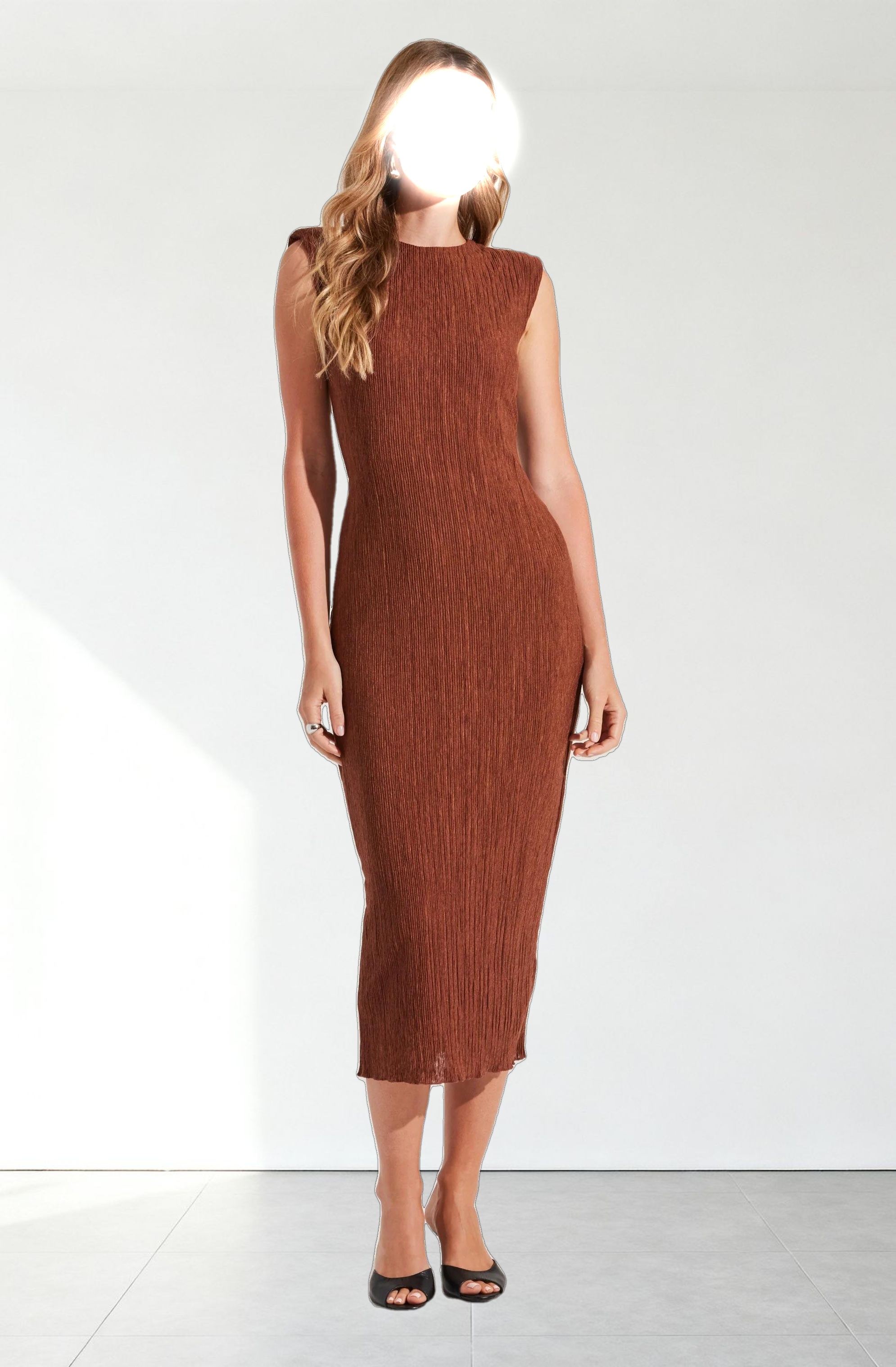 Plisse Straight Neck Midi Dress