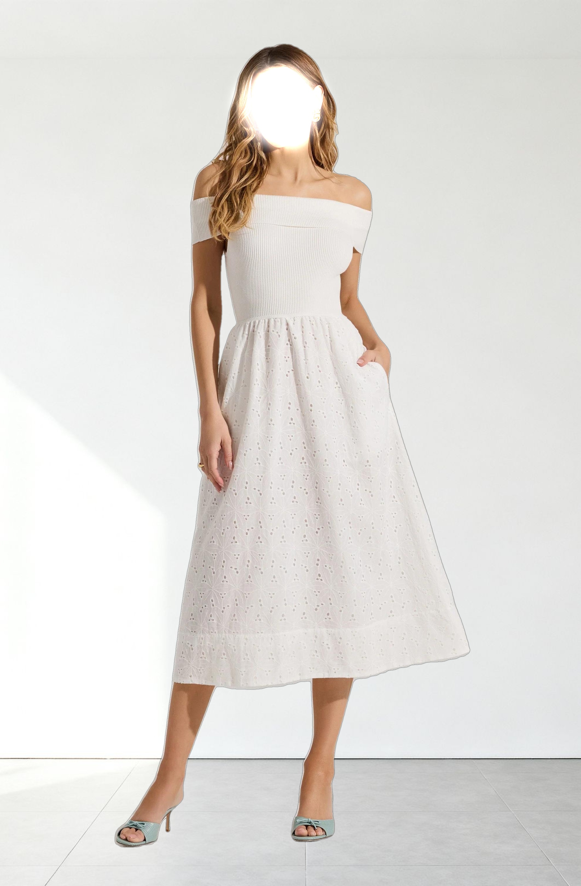 Off Shoulder Eyelet Midi Dress