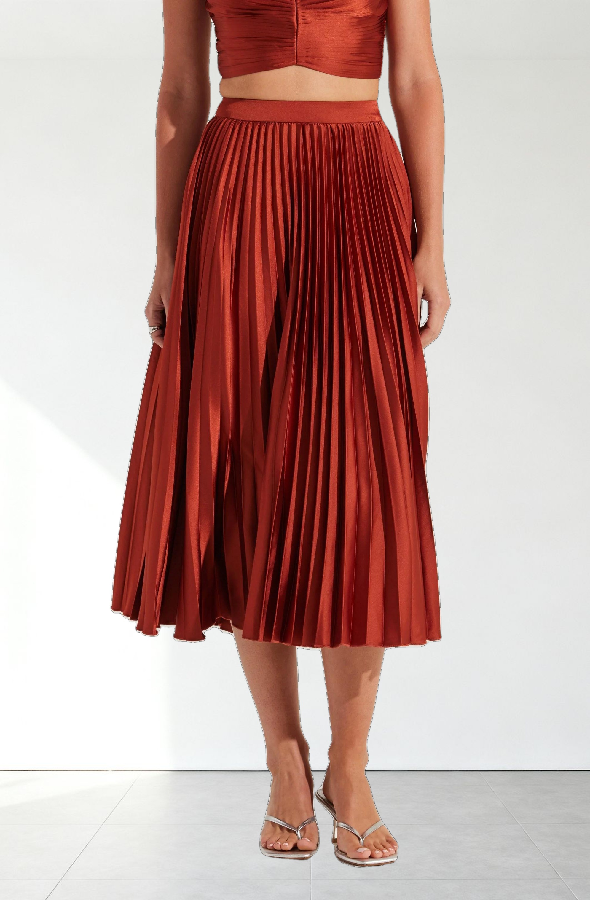 Pleated Satin Midi Skirt