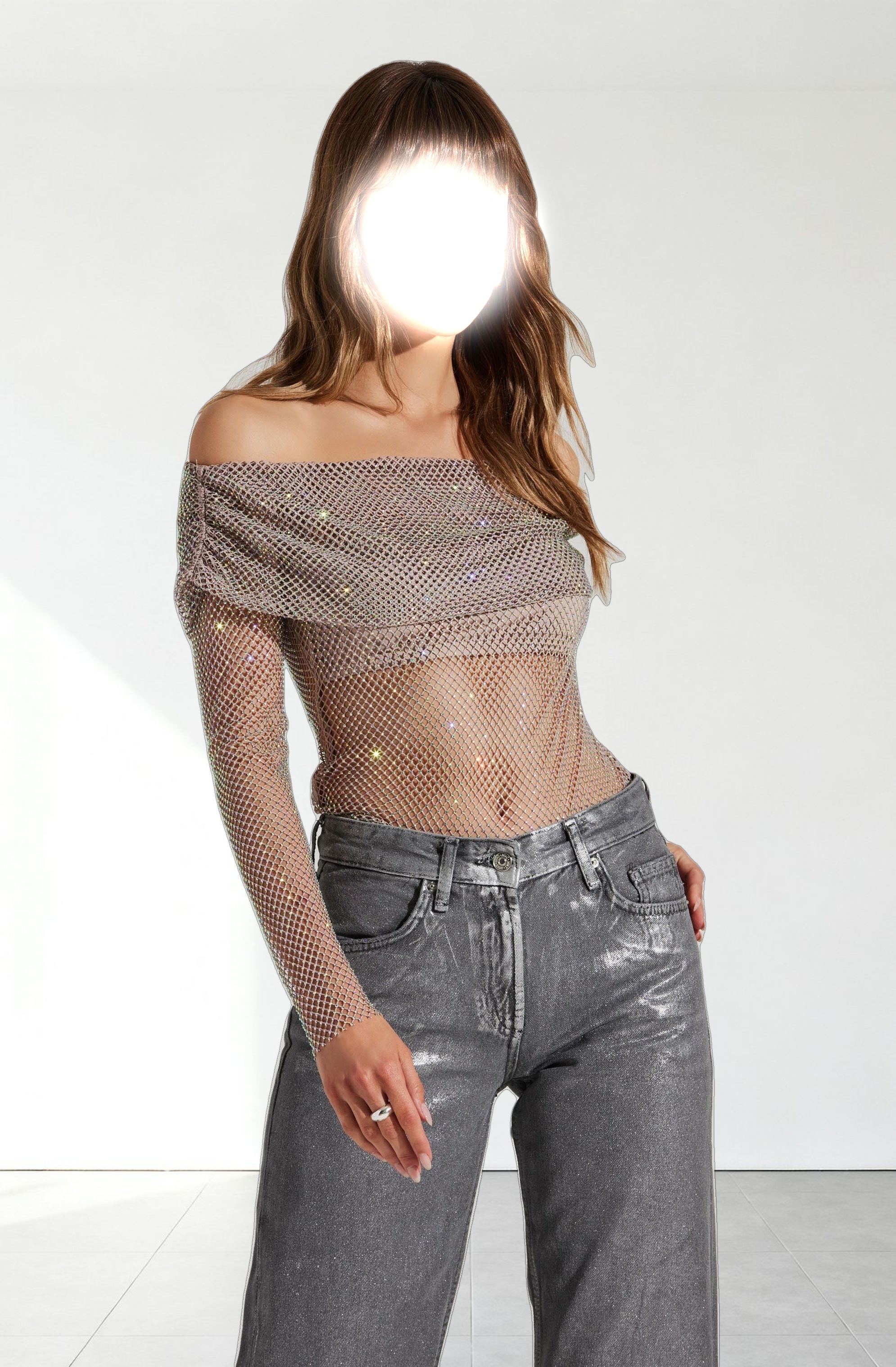 Diamante Rhinestone Mesh Off Shoulder Top