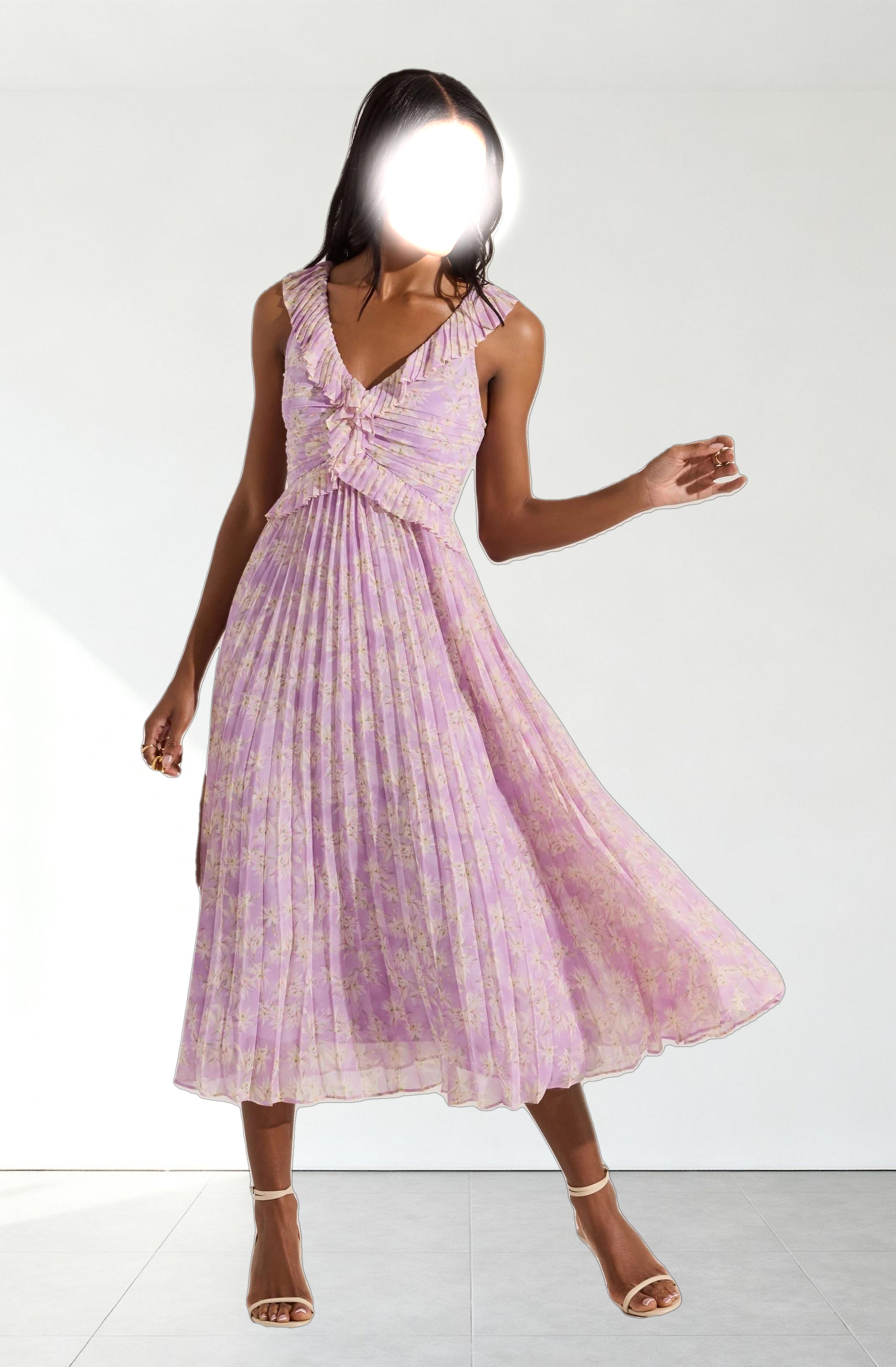 Floral Ruffle Pleated Midi Dress