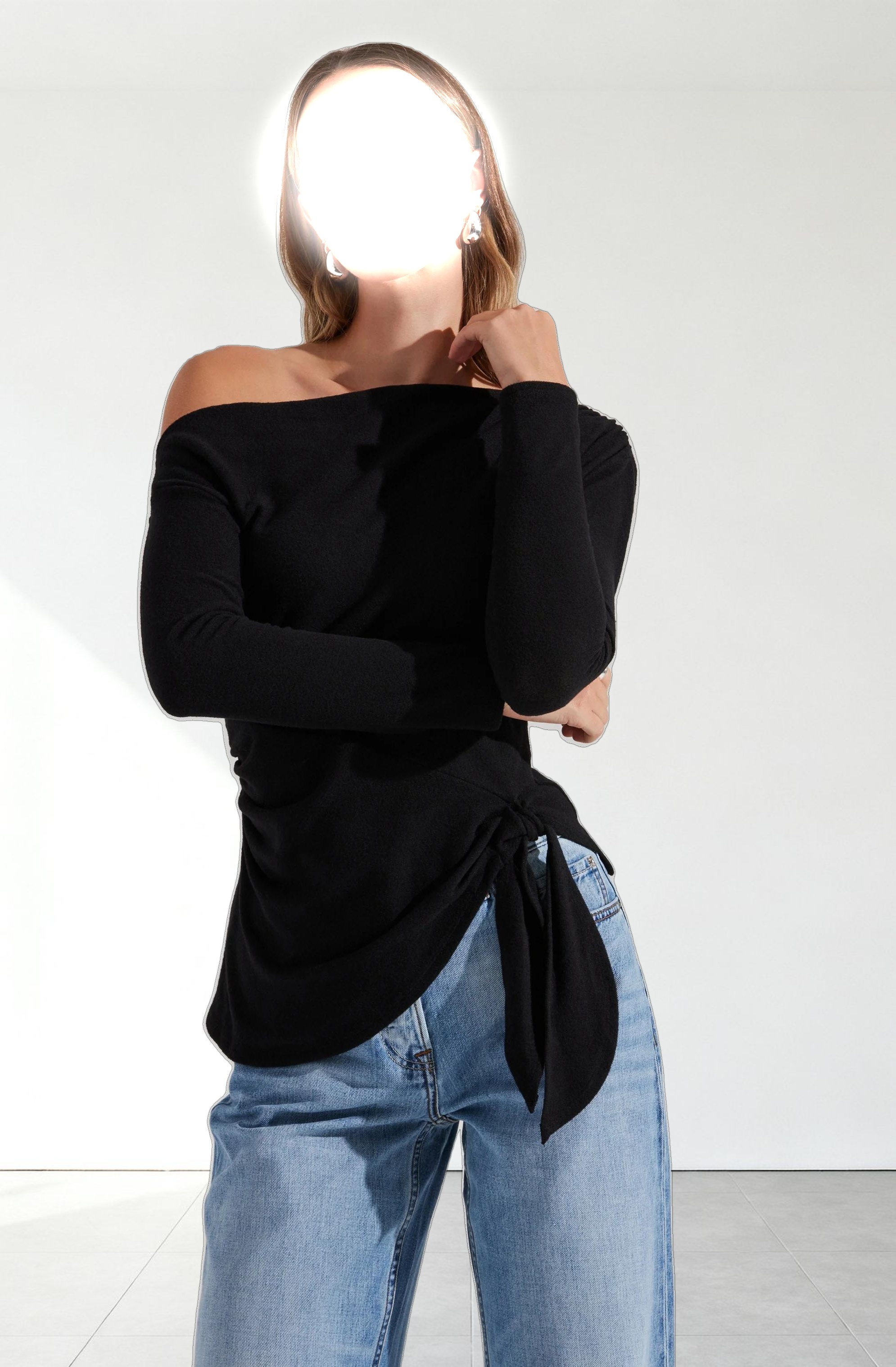 Asymmetrical Off Shoulder Tie Knit Top