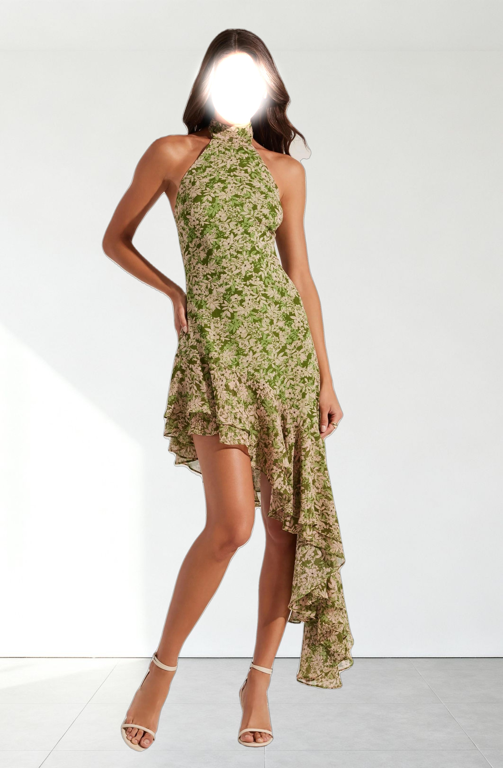 Asymmetrical Ruffle Hem Halter Dress