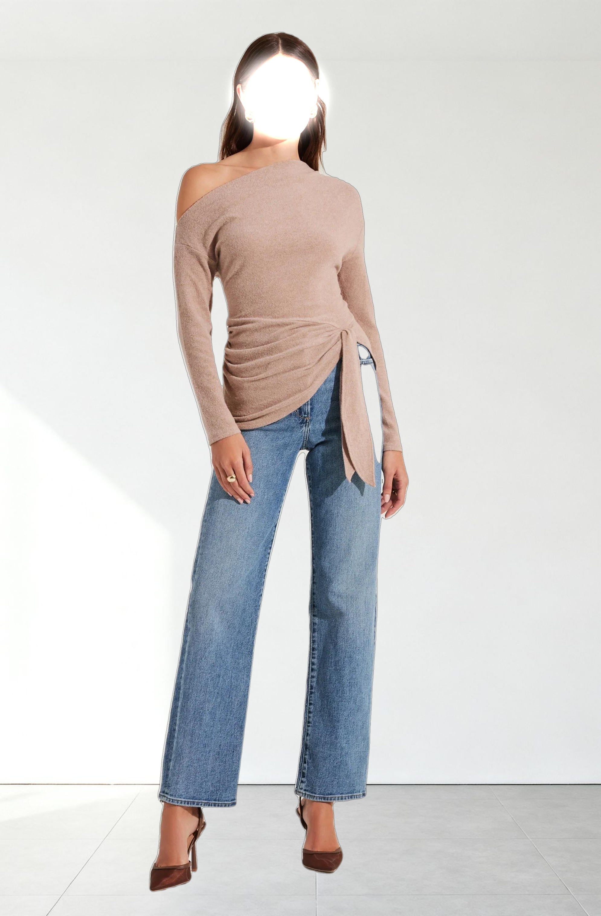 Asymmetrical Off Shoulder Tie Knit Top